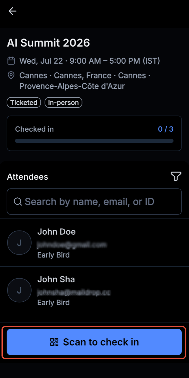 Check-in Experience for In Person Events – QR Code Check-in
