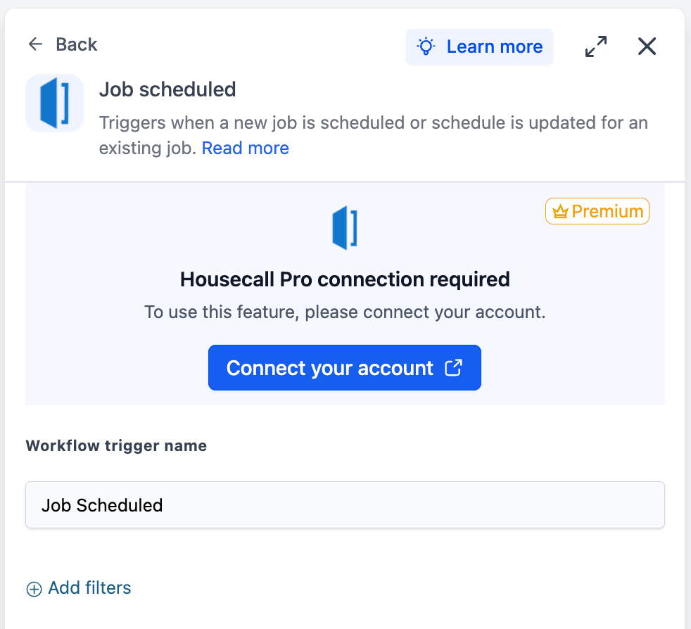 Housecall Pro – Workflow action and triggers – Connect via Settings (alternative path)