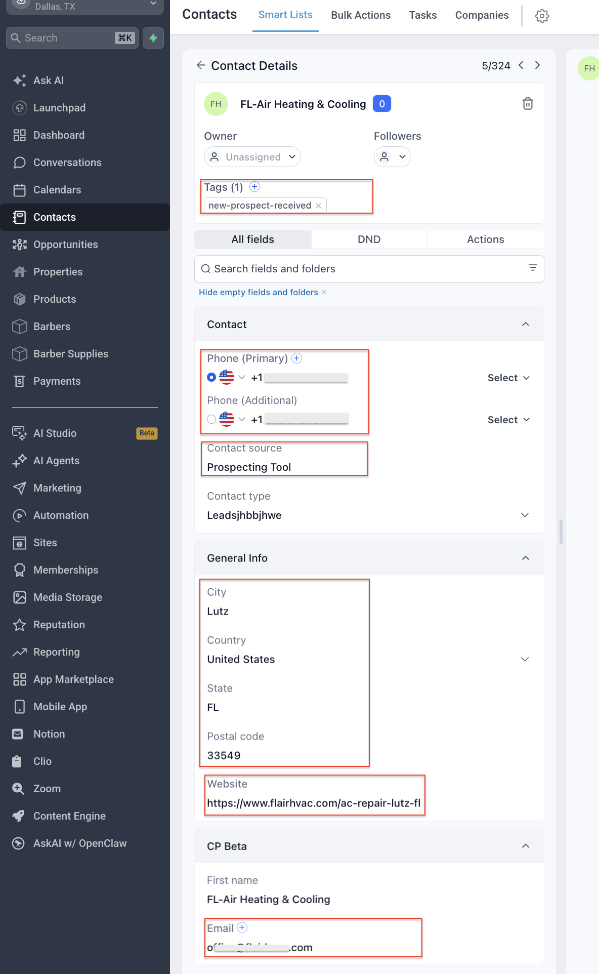 How Prospecting creates contacts in your CRM – Website: Website url of the prospect found from GBP or other listing profiles