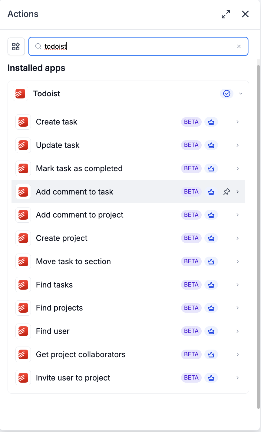 Todoist: Workflow actions & triggers – List of Actions