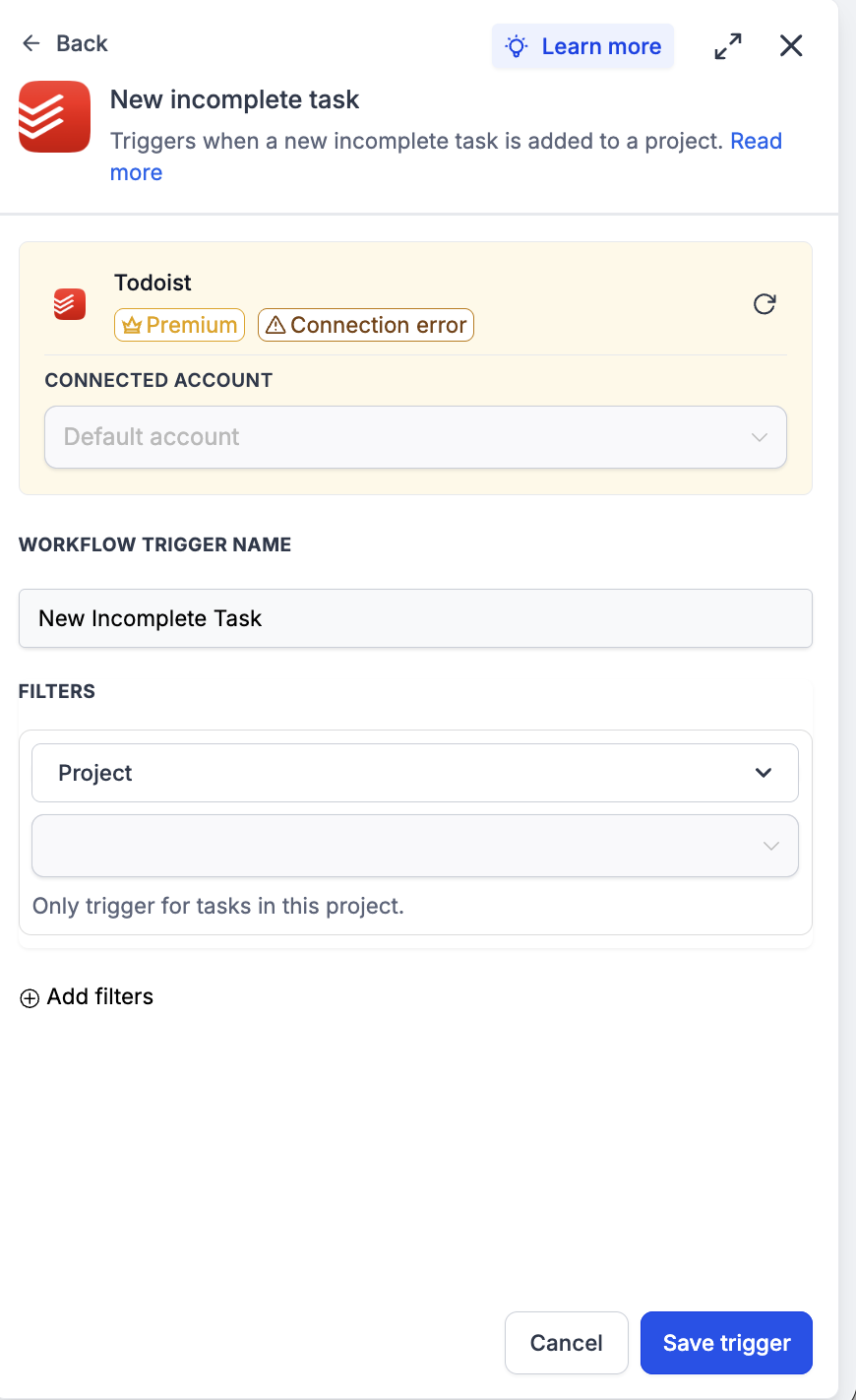Todoist: Workflow actions & triggers – Step 3: Test the trigger