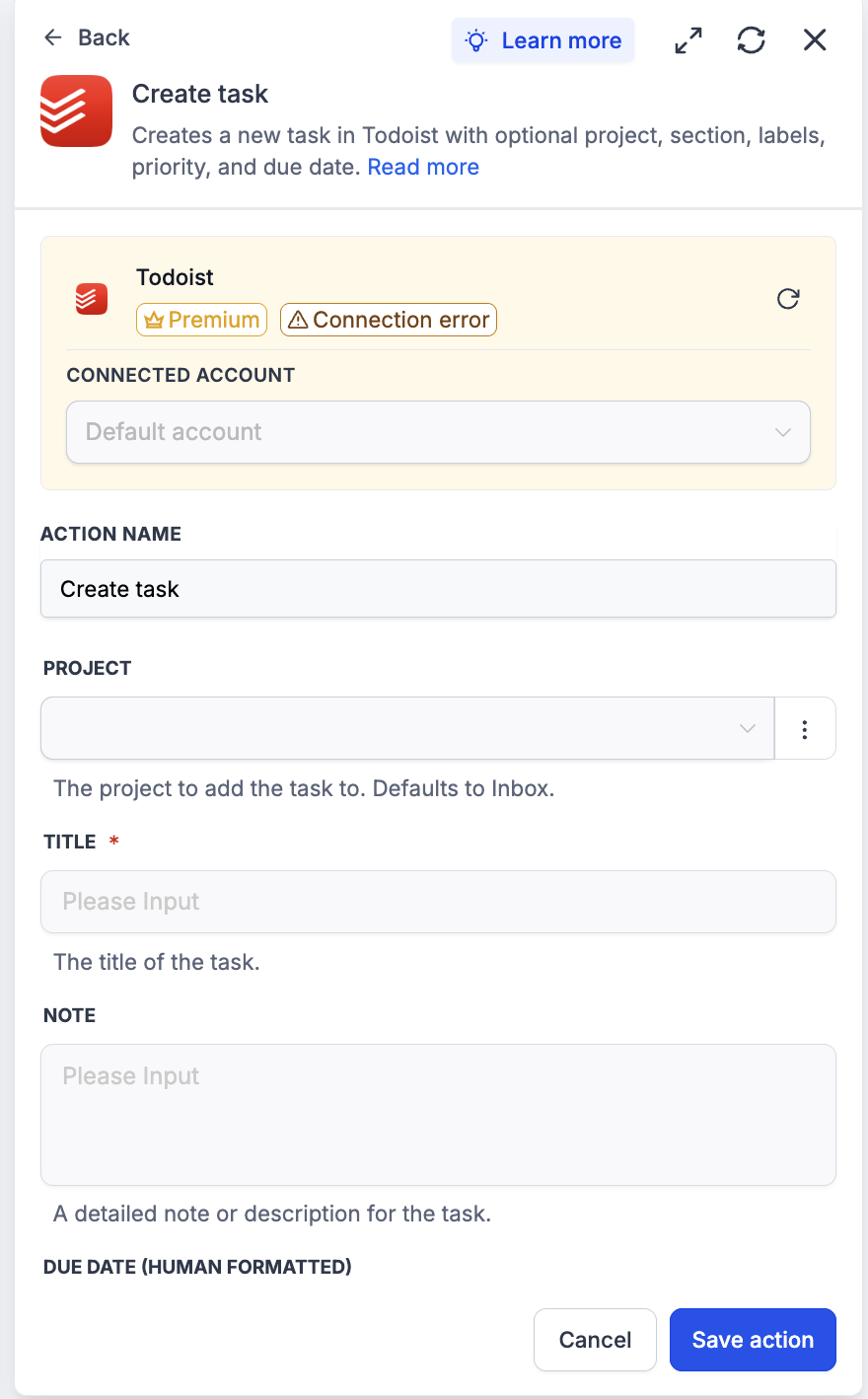 Todoist: Workflow actions & triggers – Verify in Todoist and clean up test records afterwards.