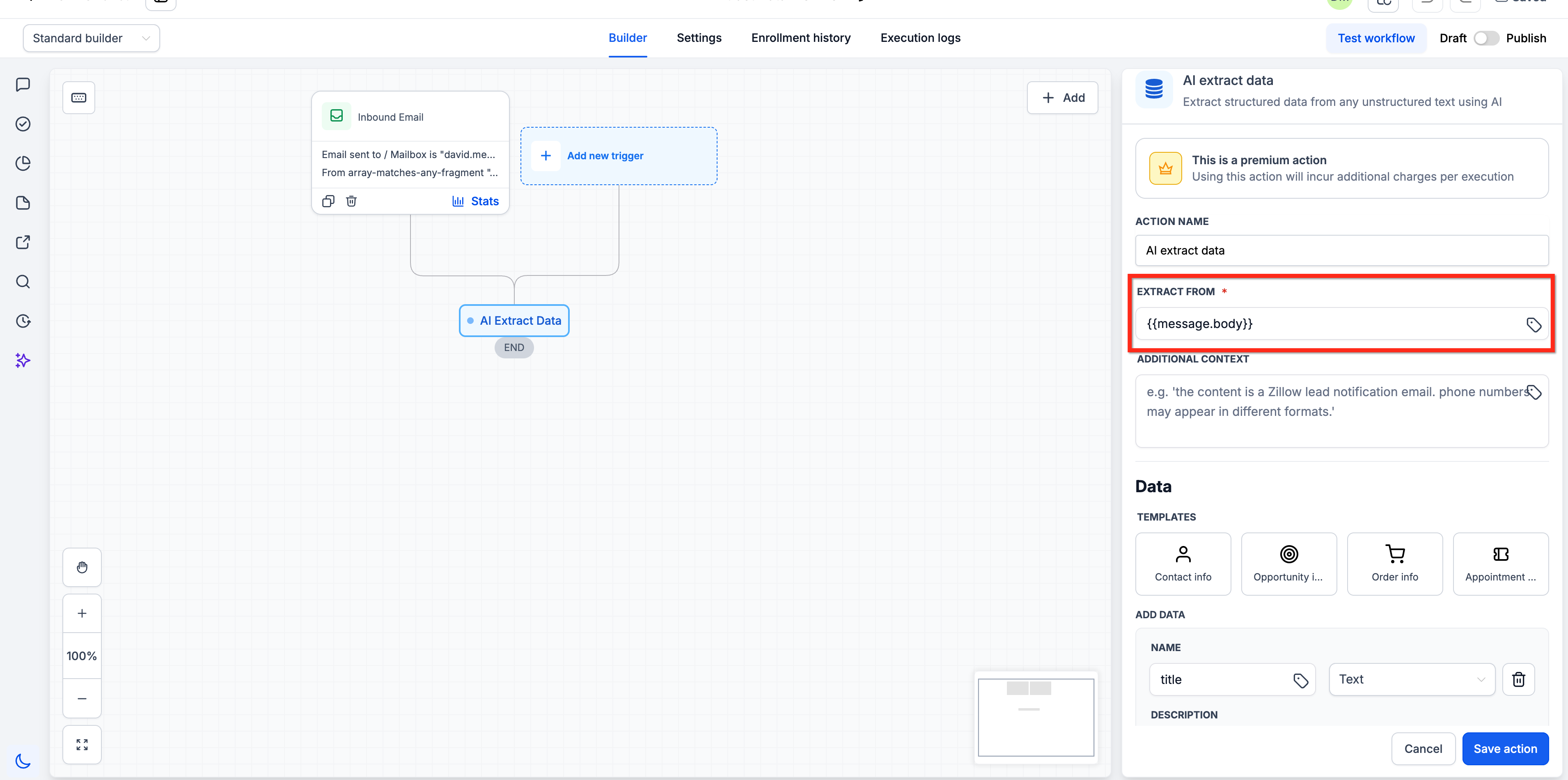 Workflow Actions – AI Extract Data – Step 2: Set the Input Source