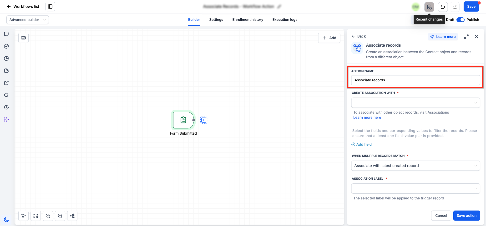 Associate Records Workflow Action – Name the Action