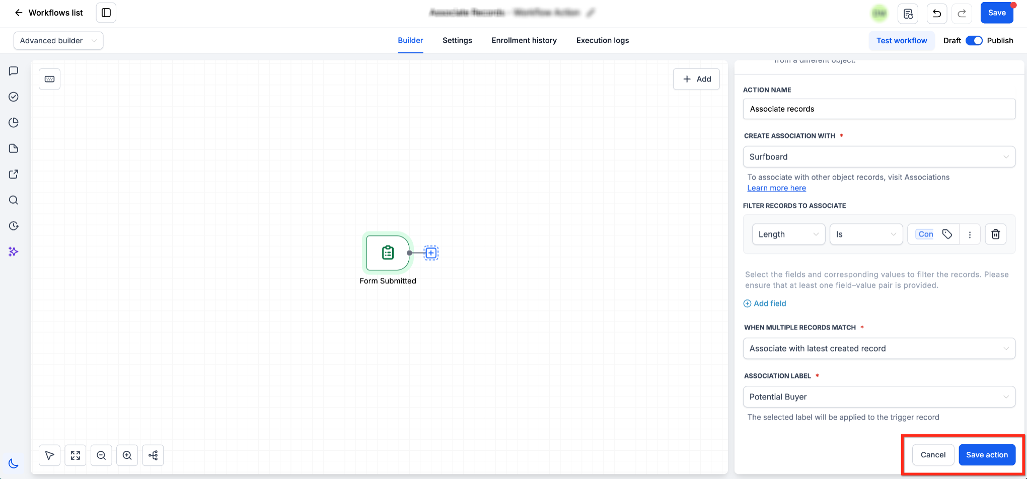 Associate Records Workflow Action – Save the Action