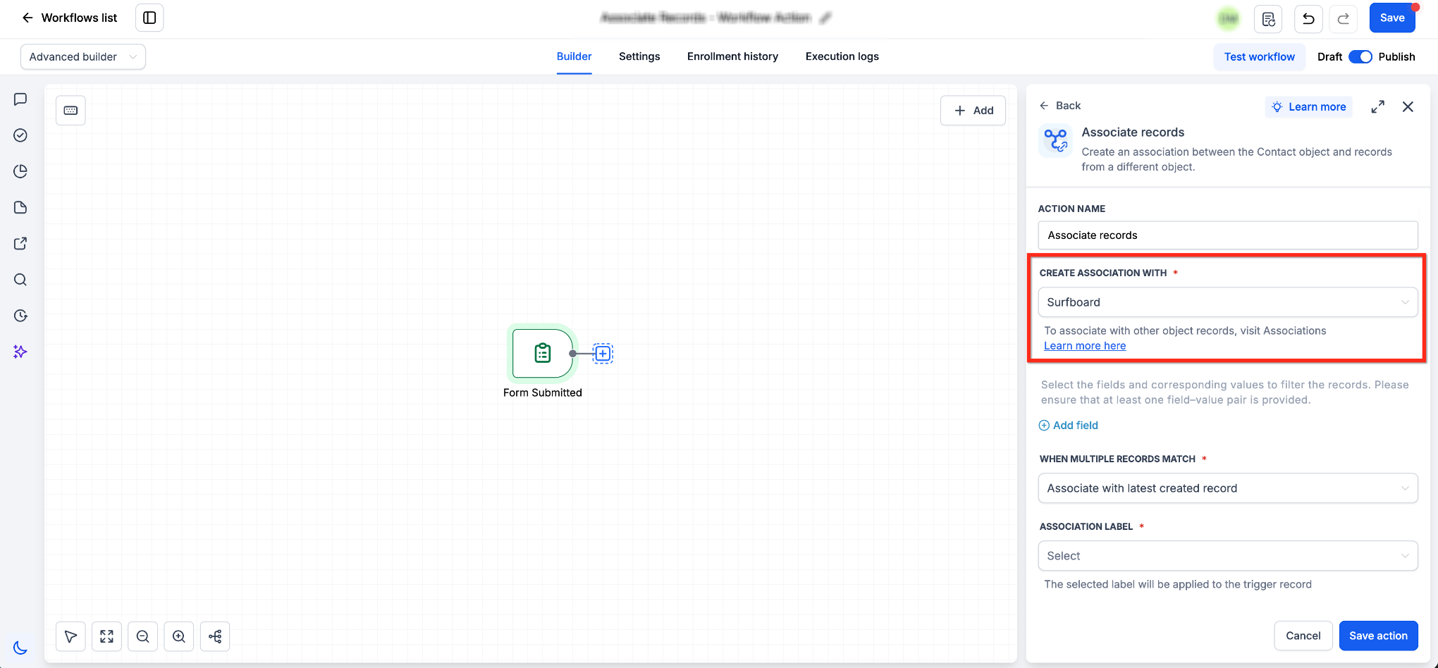 Associate Records Workflow Action – Select the Object to Associate