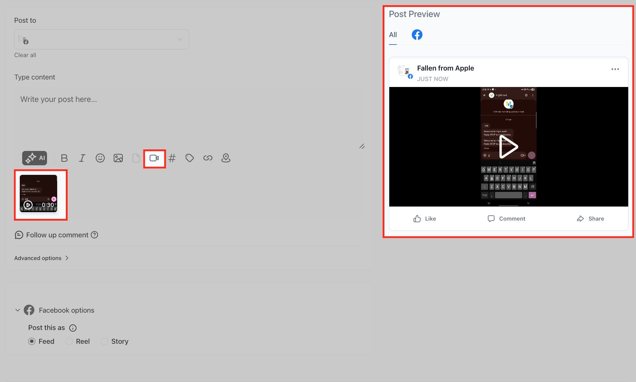 Getting Started – Setup Social Planner – Post composer showing uploaded video media and the Post Preview panel.