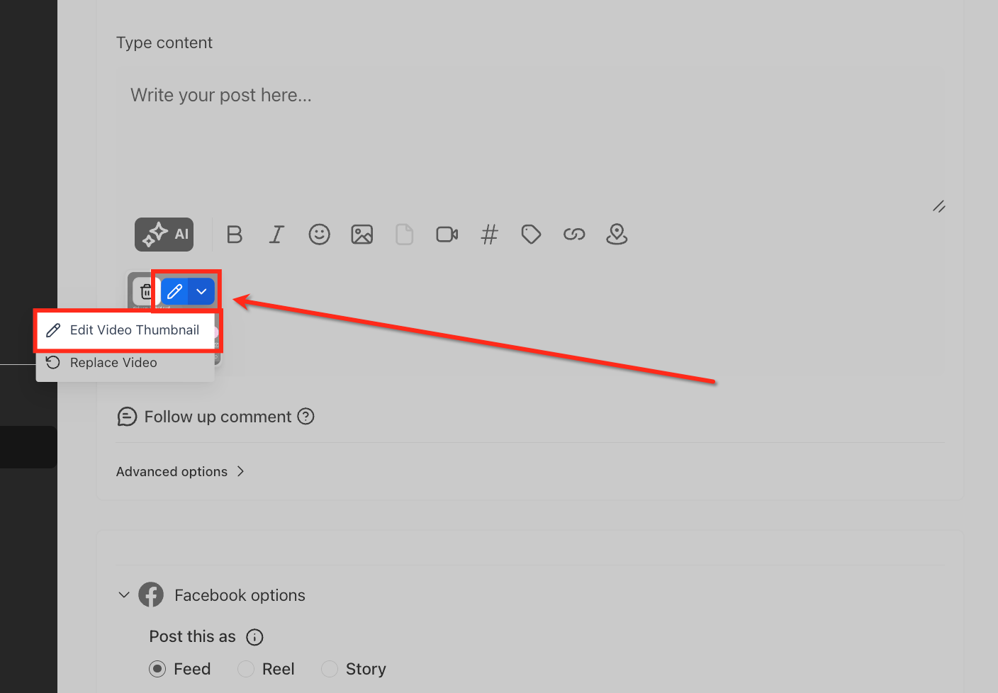 Getting Started – Setup Social Planner – Video edit menu with Edit Video Thumbnail highlighted.