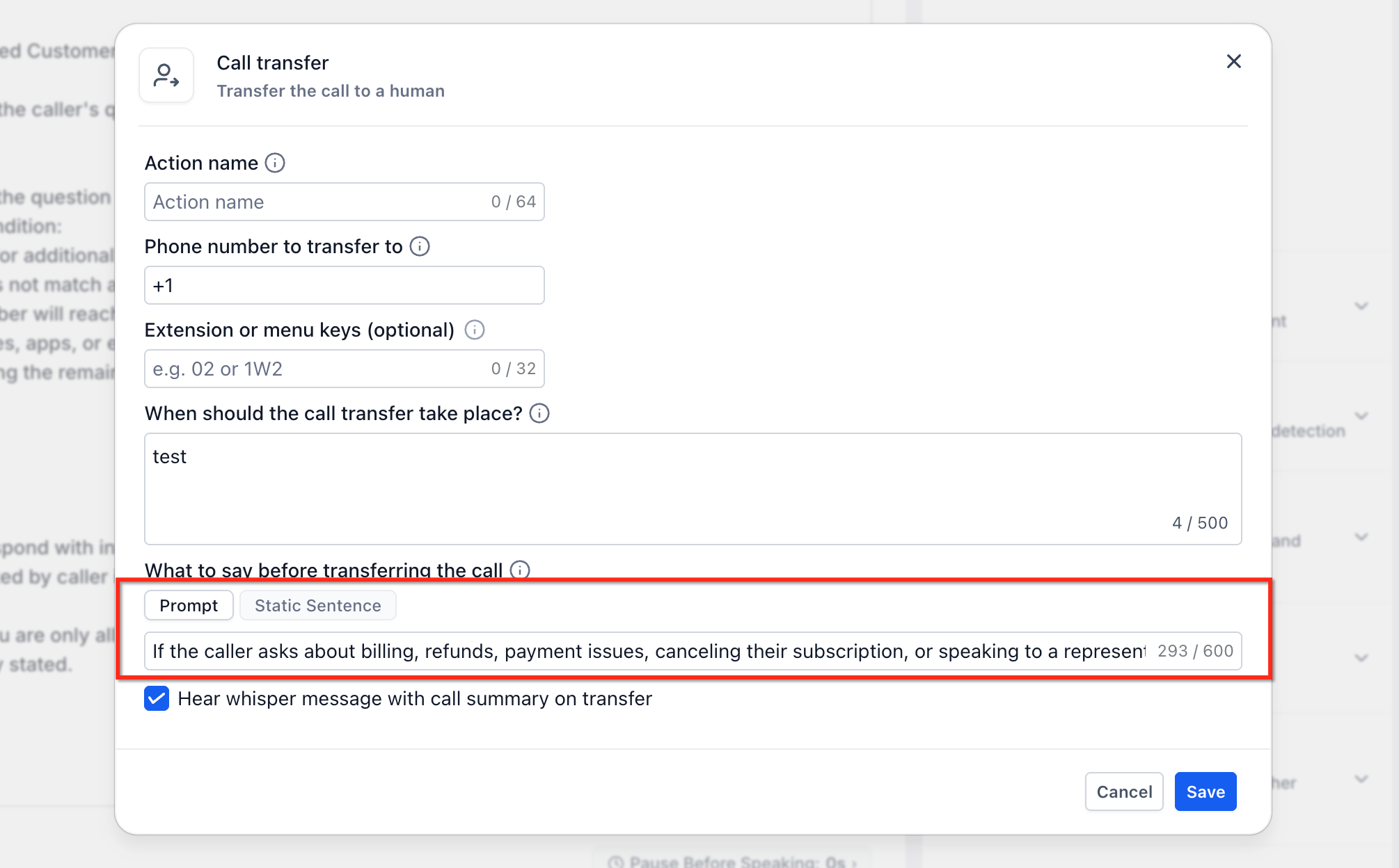 How to Create Voice AI Agents – Call Transfer action configuration showing transfer conditions and the message used before the transfer.