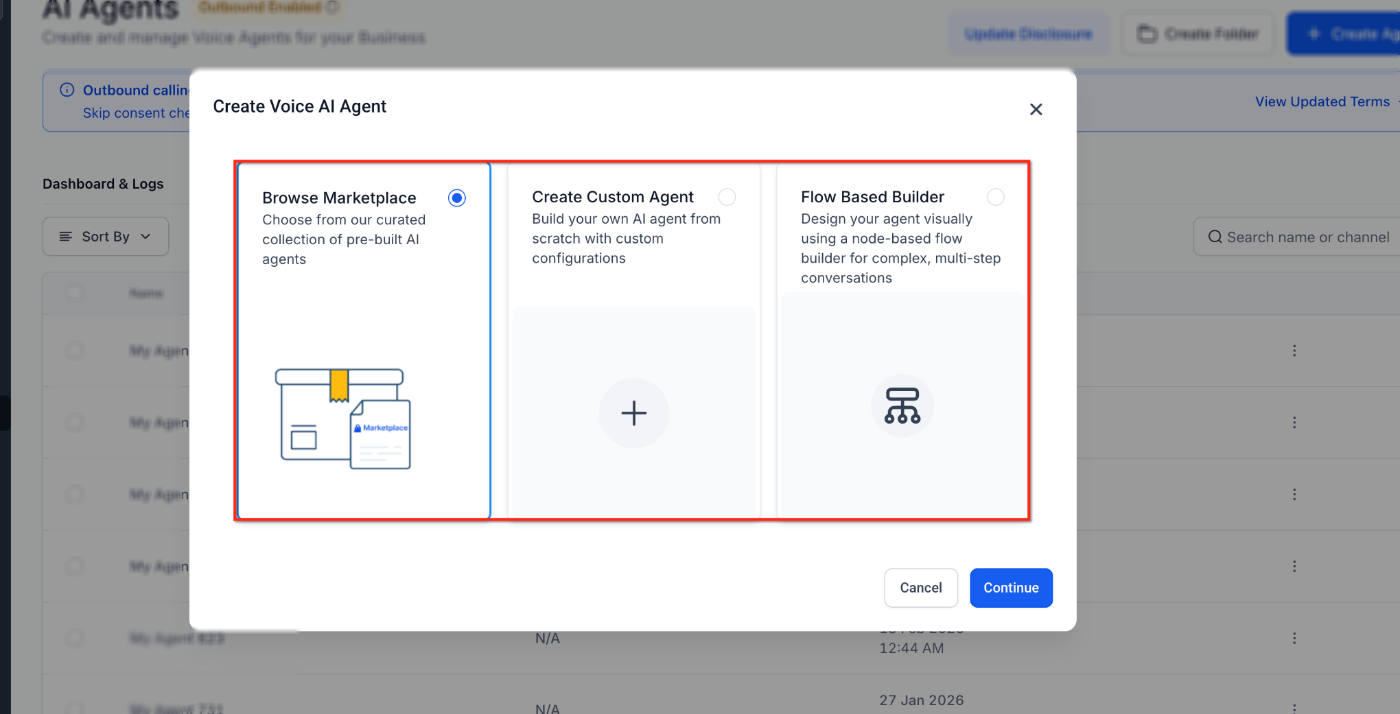 How to Create Voice AI Agents – Create Voice AI Agent window showing Marketplace, Custom Agent, and Flow Based Builder.