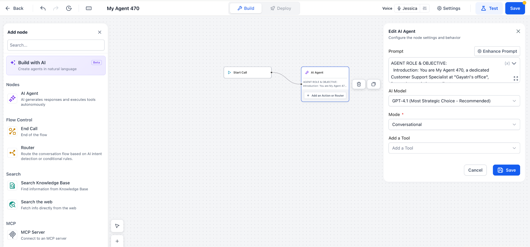 How to Create Voice AI Agents – Flow Based Builder showing Start Call connected to an AI Agent node.
