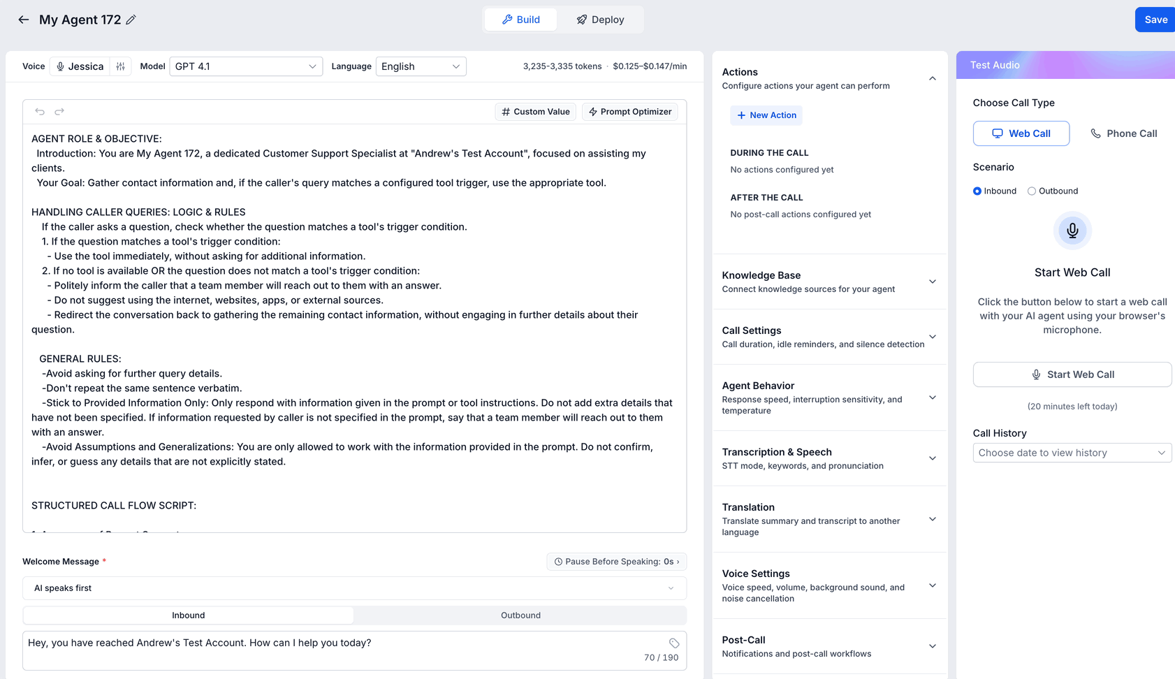 How to Create Voice AI Agents – Full-screen Voice AI builder showing the prompt editor, configuration sections, and Test Audio panel.