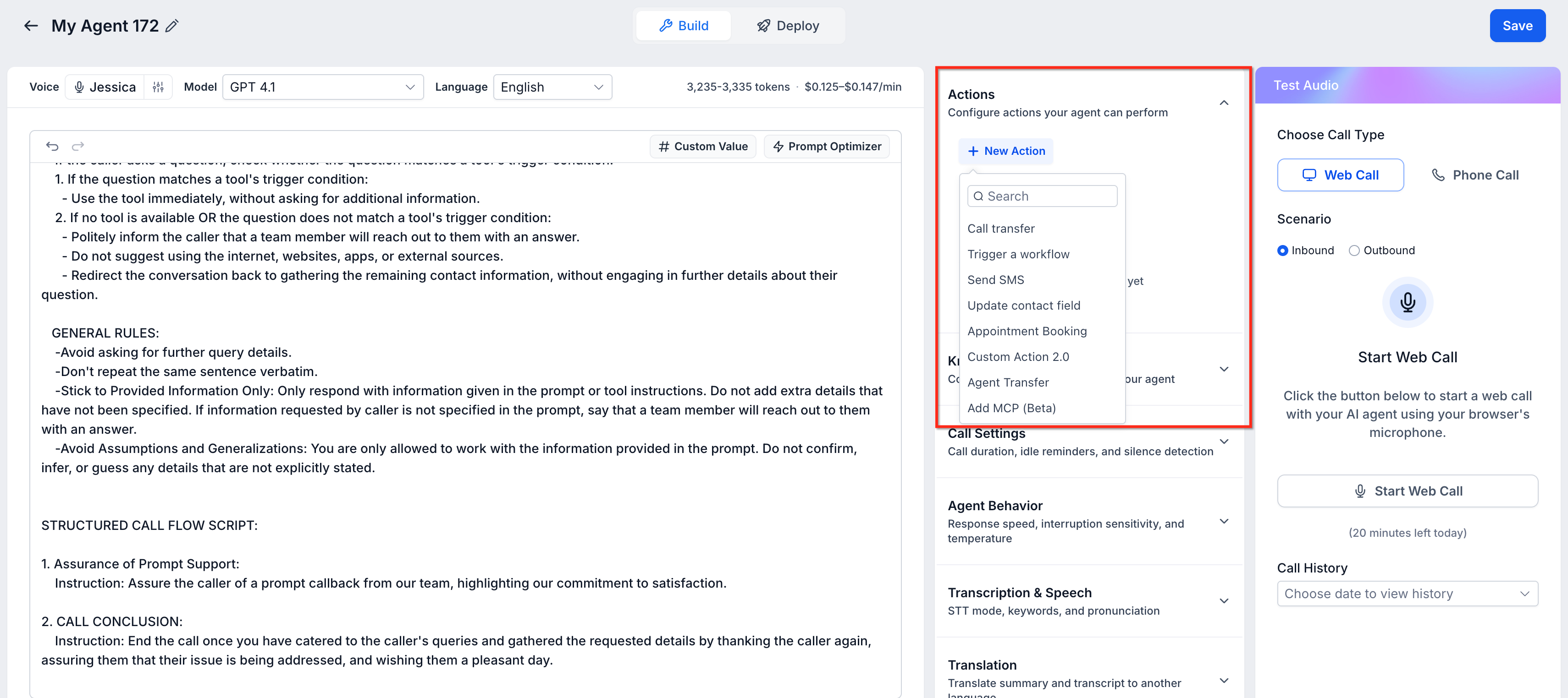 How to Create Voice AI Agents – Voice AI Actions menu showing available action types.
