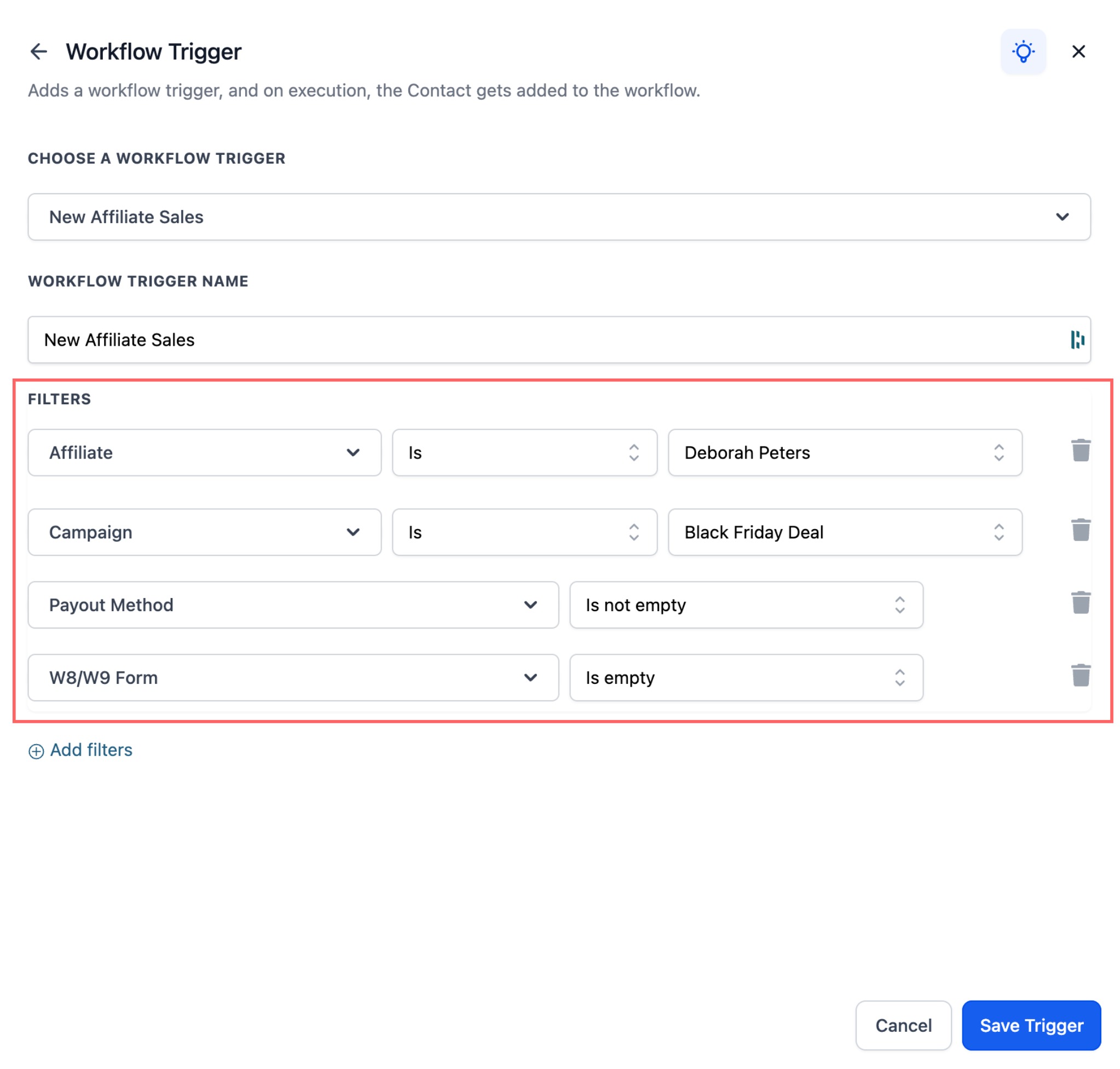 New Affiliate Sale Workflow Trigger – Configure Trigger Filters