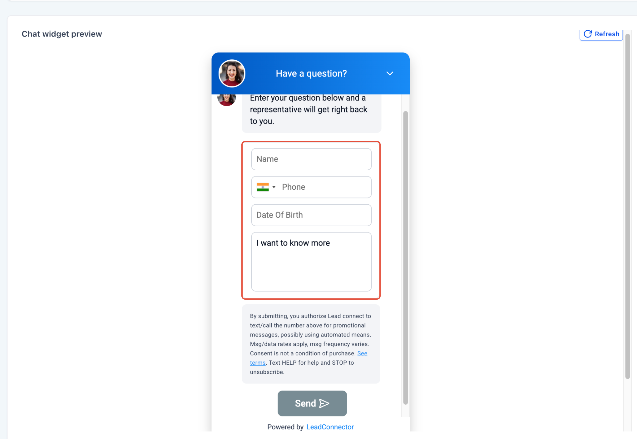 Pre-Built A2P Campaign (Widget-First) Registration Flow – Screenshot of chat widget preview showing mandatory Date of Birth field