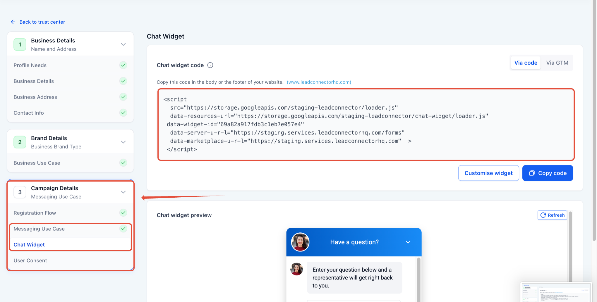 Pre-Built A2P Campaign (Widget-First) Registration Flow – Screenshot of the Chat Widget configuration screen showing embed code and customization options