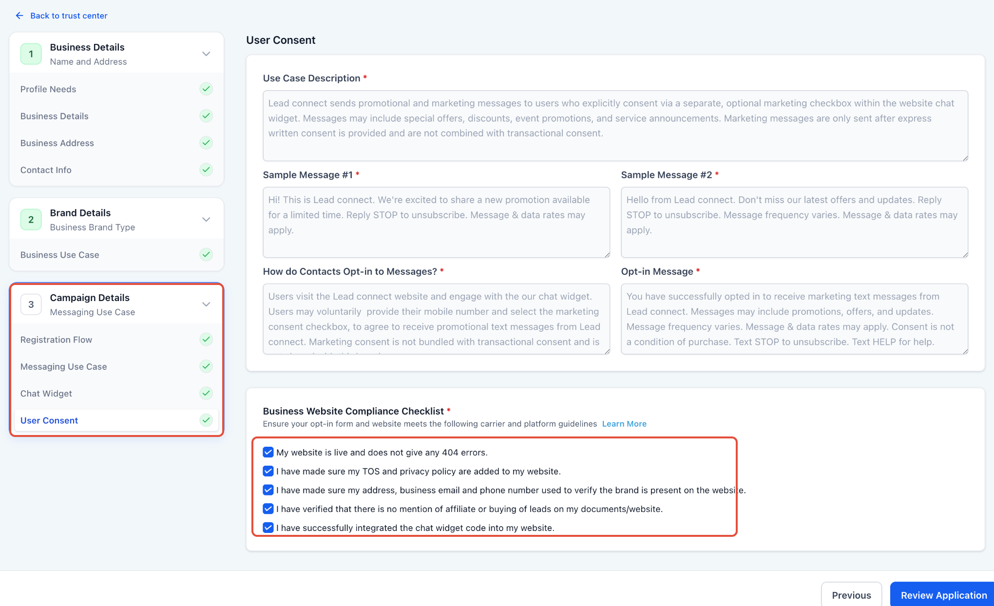 Pre-Built A2P Campaign (Widget-First) Registration Flow – Screenshot of the User Consent review screen showing compliance checklist and sample messages