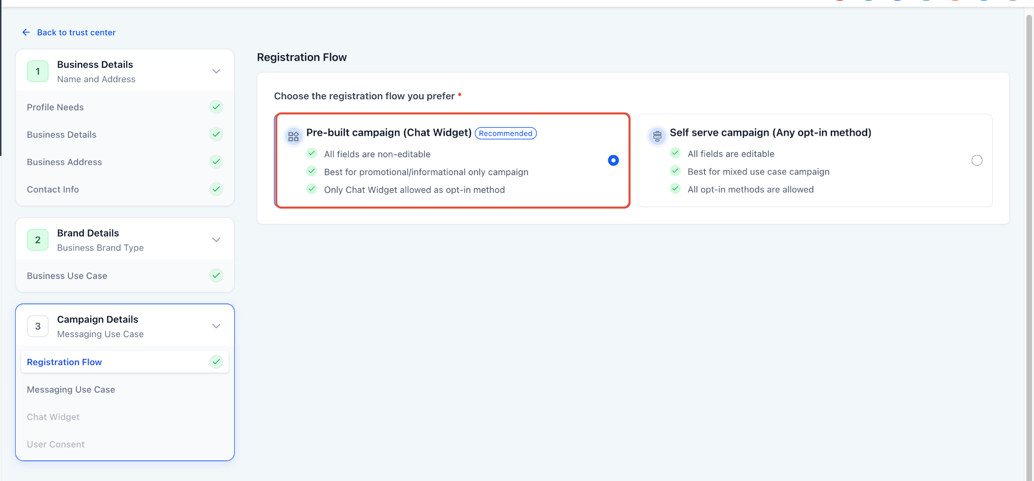 Pre-Built A2P Campaign (Widget-First) Registration Flow – Screenshot showing the registration flow selection screen with Pre-built campaign (Chat Widget) option highli…