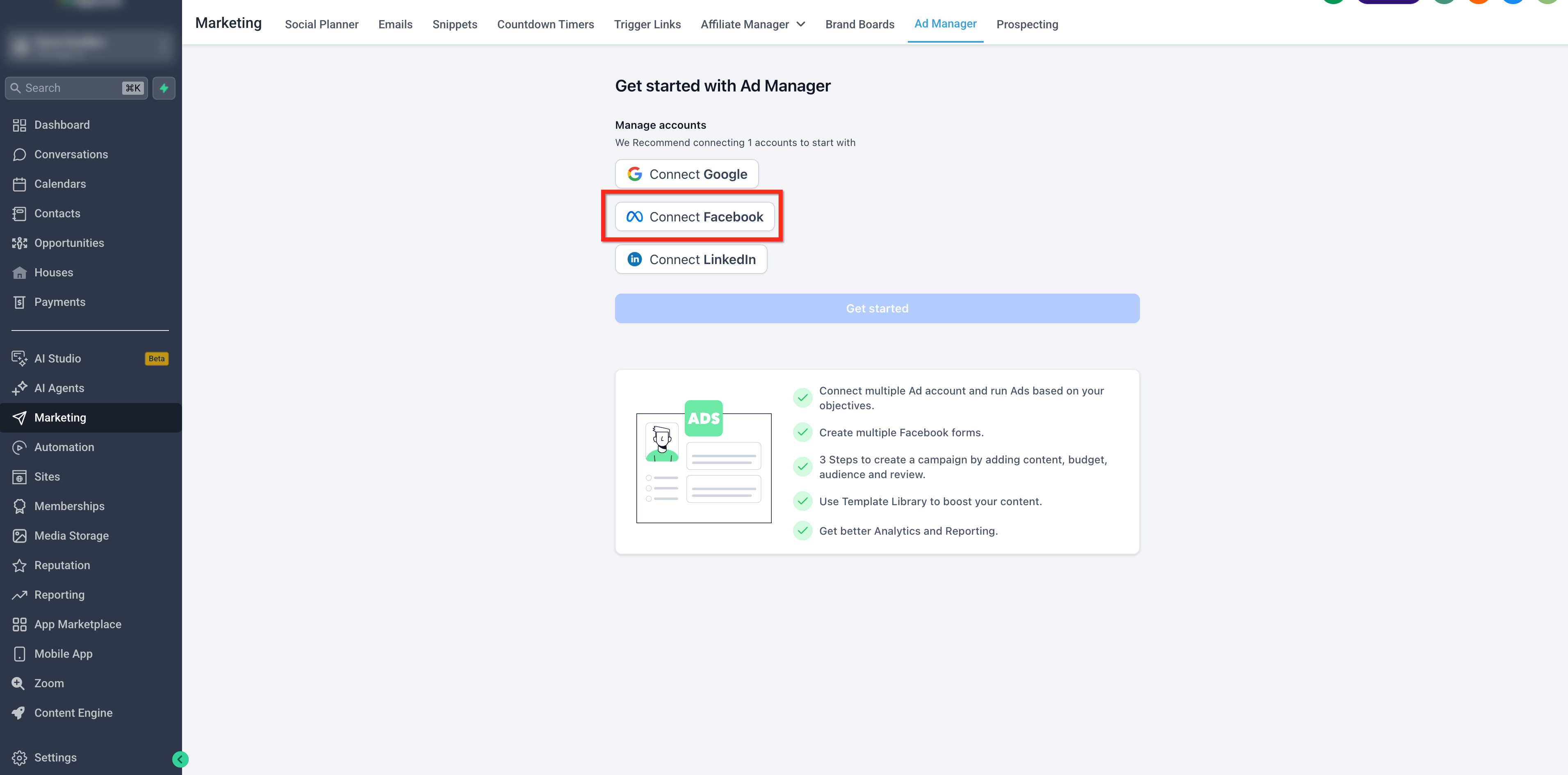 Setup Facebook and Instagram Lead Ads – Step 2: Connect Facebook