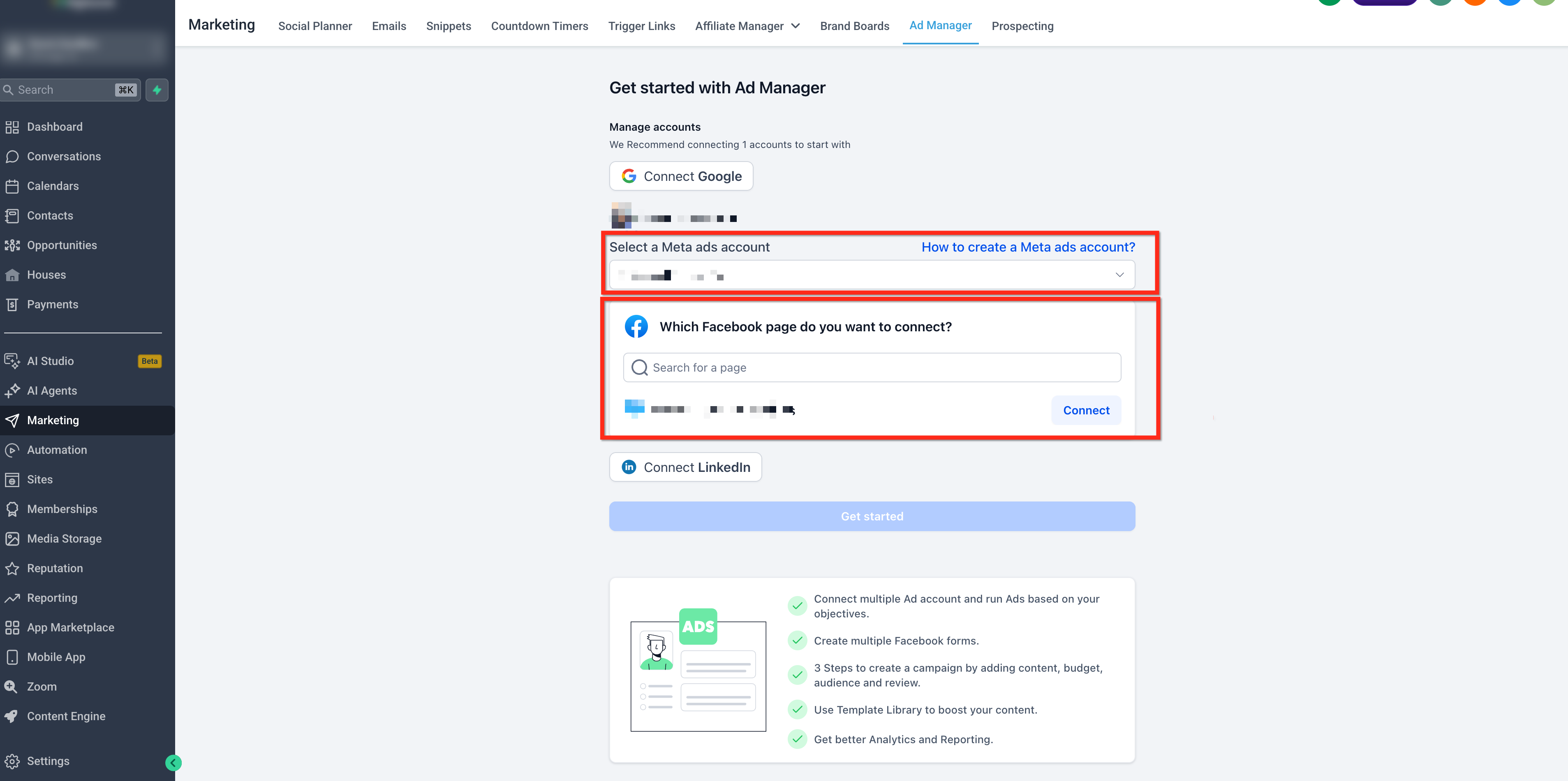 Setup Facebook and Instagram Lead Ads – Step 3: Select a Meta Ads Account