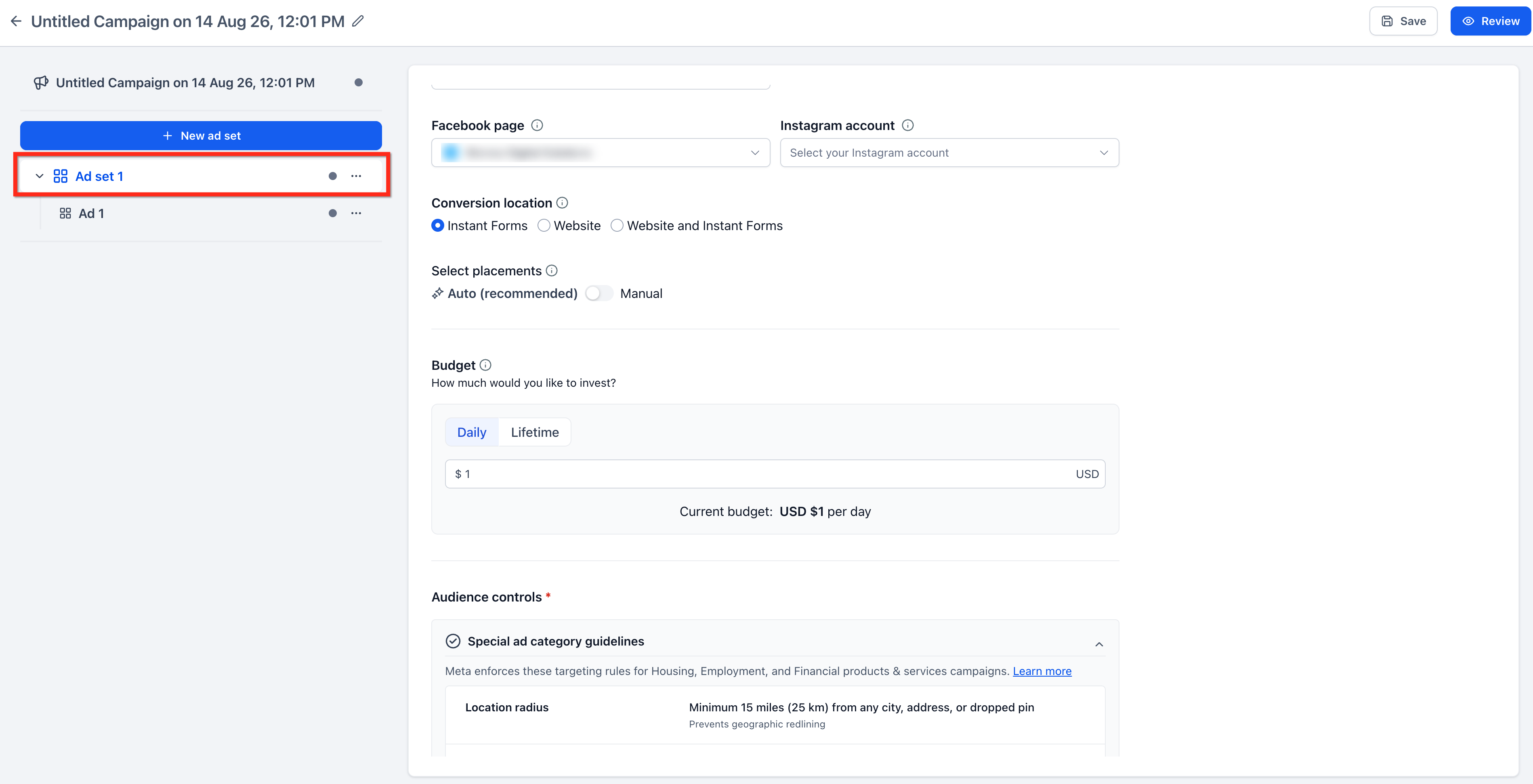 Setup Facebook and Instagram Lead Ads – Step 6: Configure the Ad Set