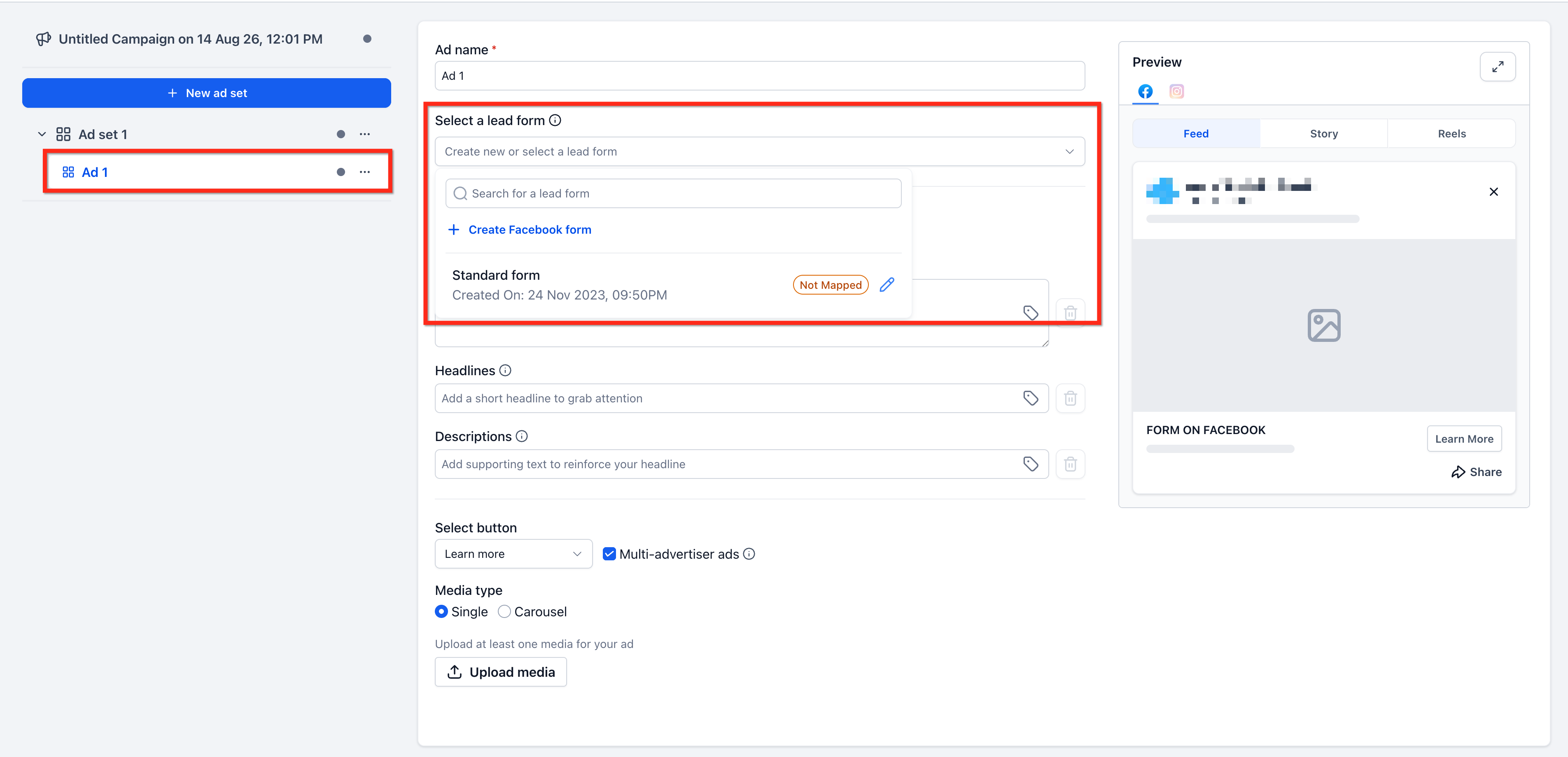 Setup Facebook and Instagram Lead Ads – Step 7: Create or Select a Facebook Lead Form