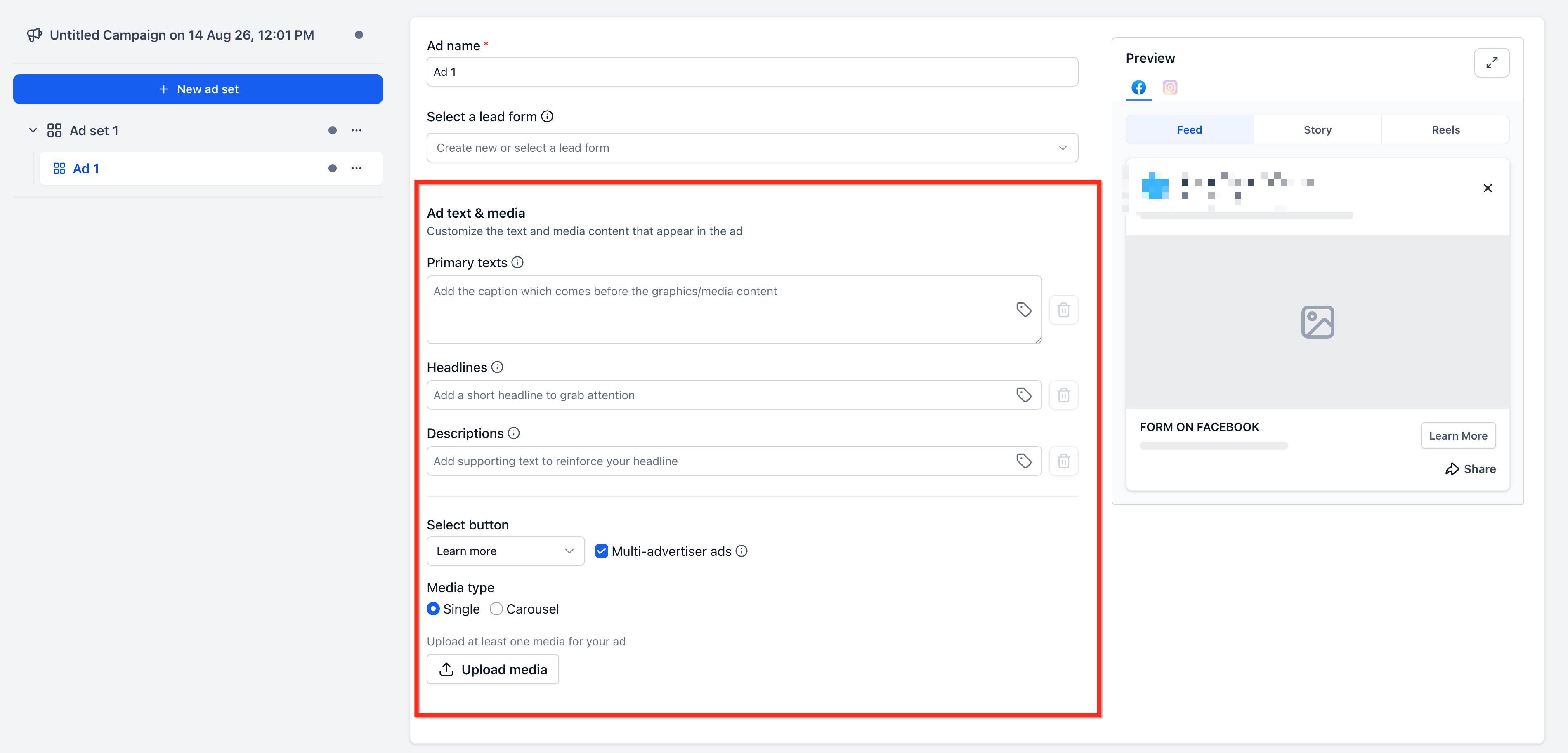 Setup Facebook and Instagram Lead Ads – Step 8: Configure the Ad Creative