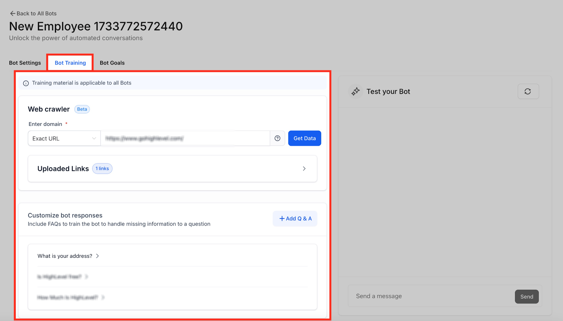 Training Your Conversation AI Bot – Conversation AI Bot Training tab showing Web Crawler, Uploaded Links, Custom Bot Responses, and Test your Bot.