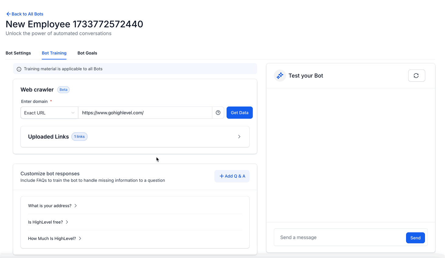 Training Your Conversation AI Bot – Custom Bot Response question and answer being added under Bot Training.