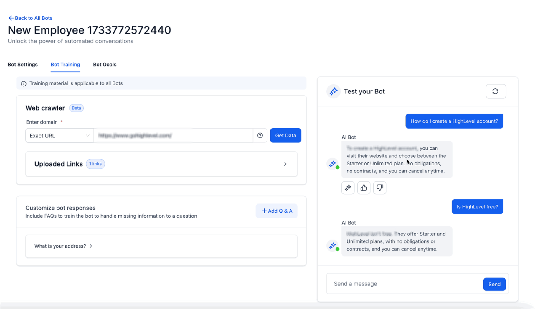 Training Your Conversation AI Bot – Customer questions and Conversation AI answers shown in the Test your Bot panel.