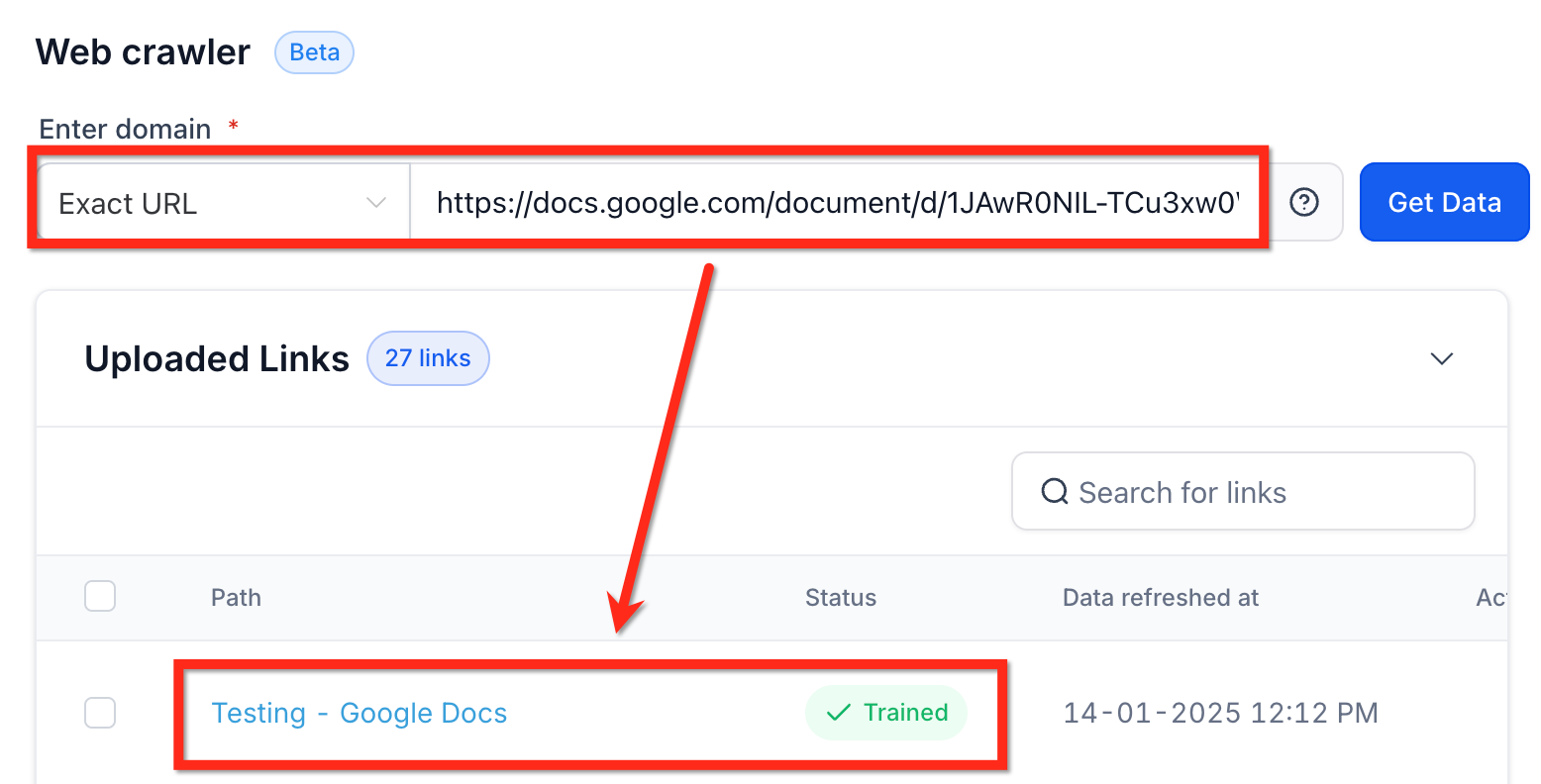 Training Your Conversation AI Bot – Public Google Doc added through the Web Crawler with a Trained status.