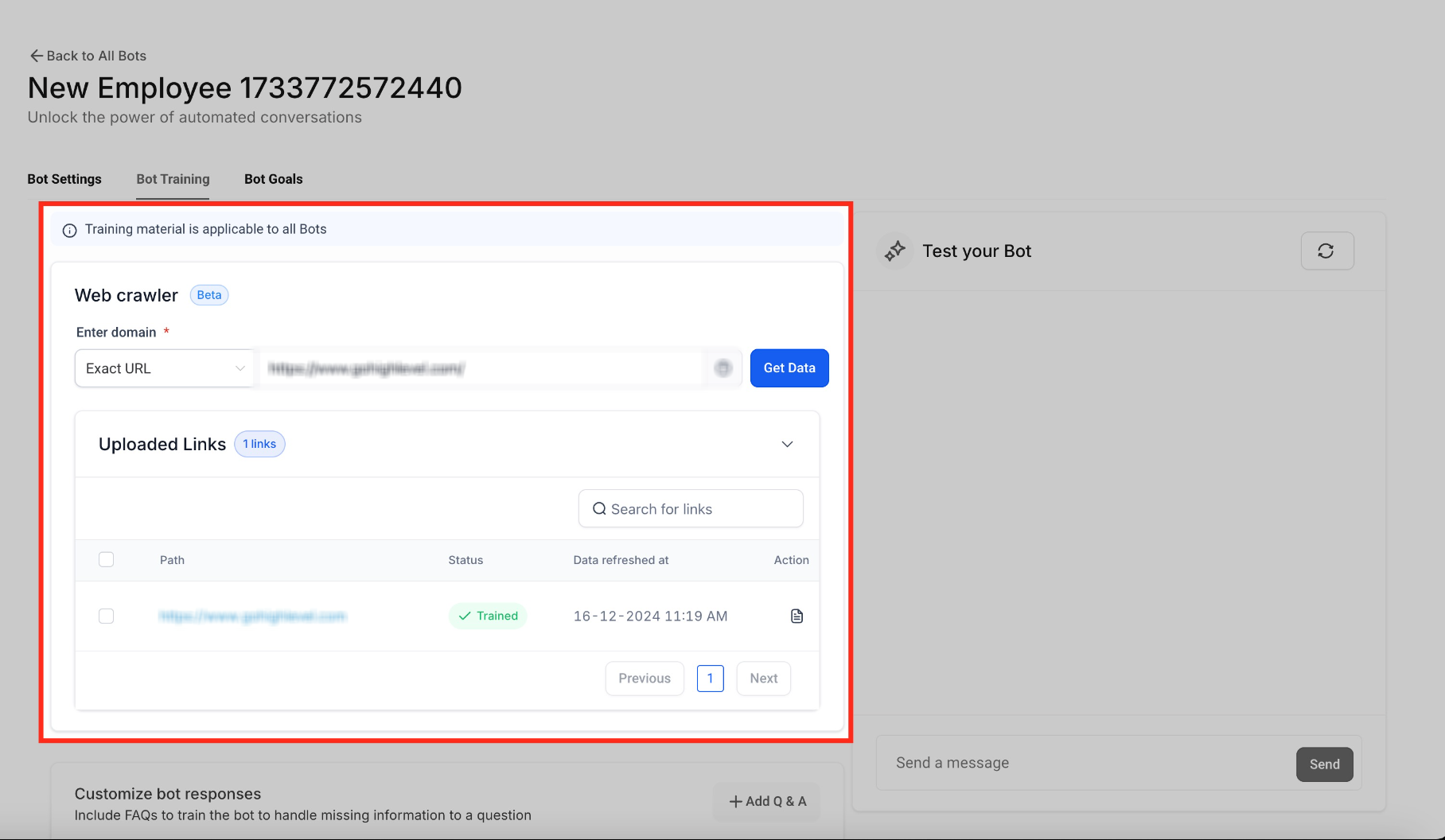 Training Your Conversation AI Bot – Uploaded Links table showing a trained website URL and its refresh timestamp.