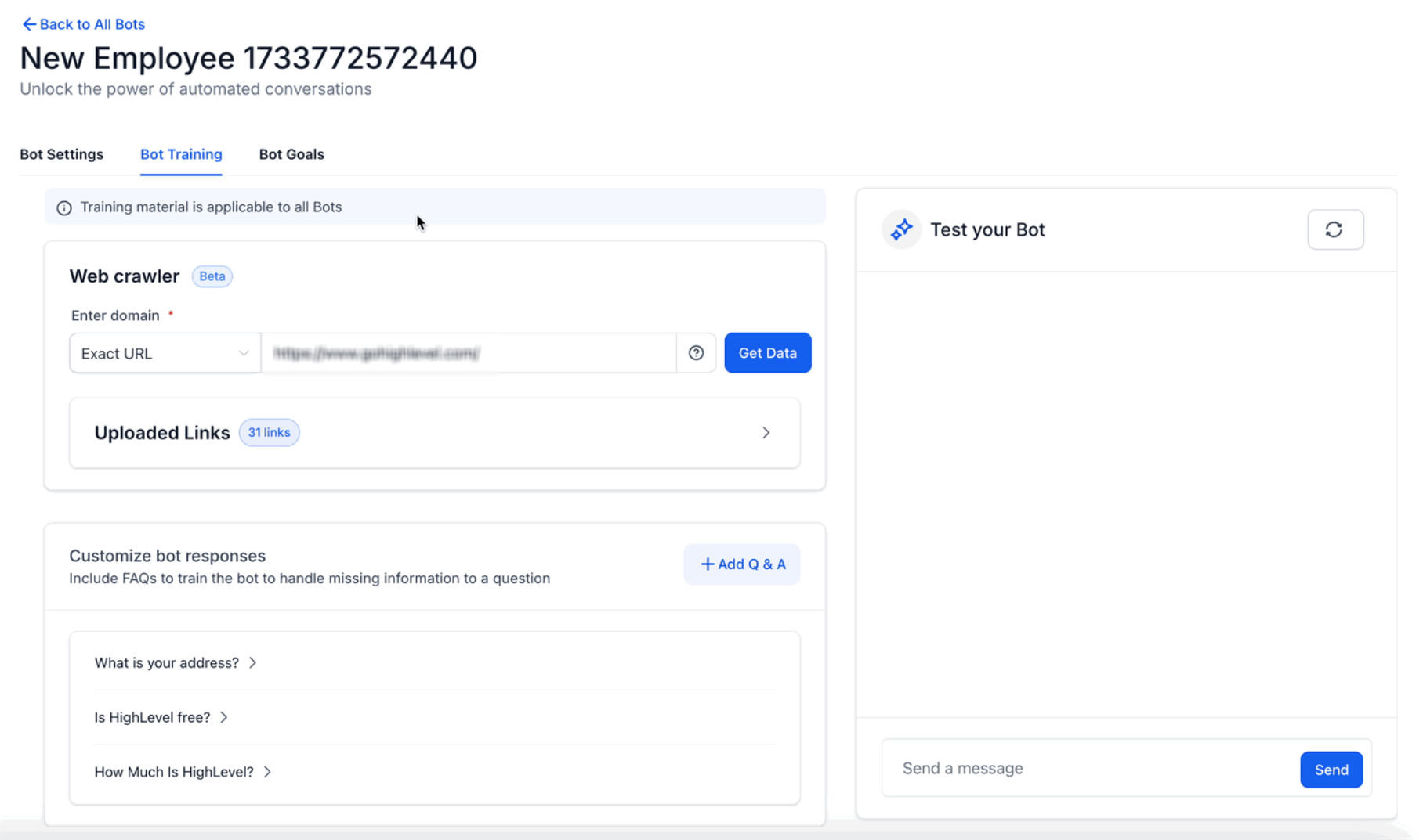 Training Your Conversation AI Bot – Web Crawler menu showing Exact URL, domain, and path crawling options.