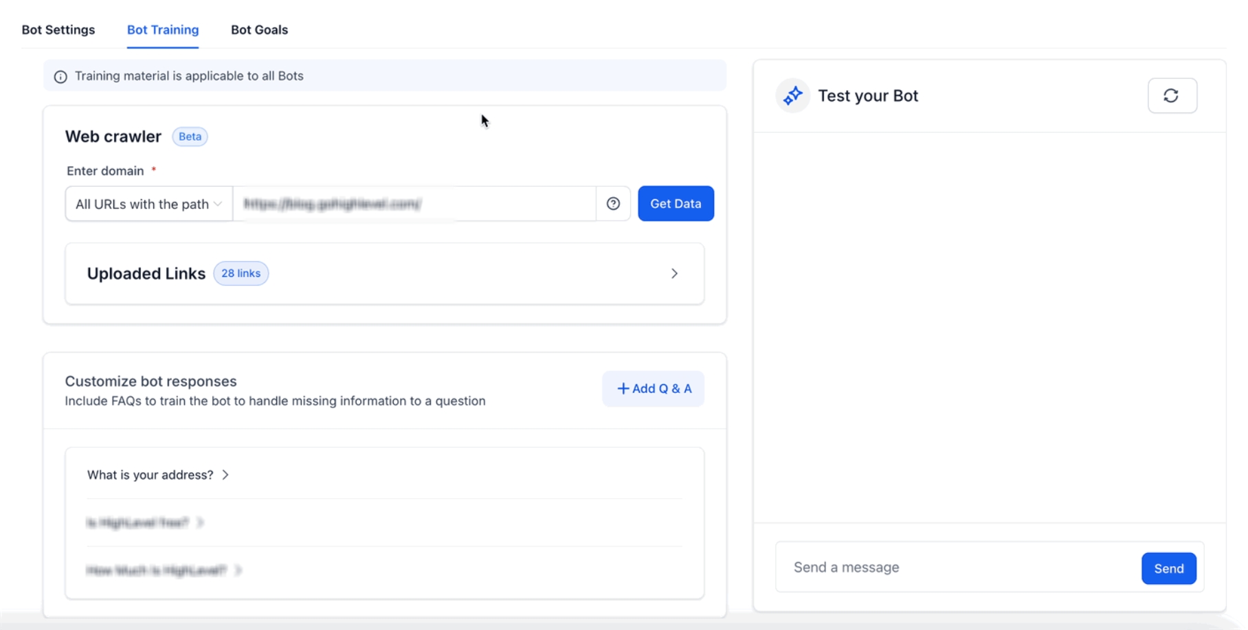 Training Your Conversation AI Bot – Web Crawler retrieving website pages after Get Data is selected.