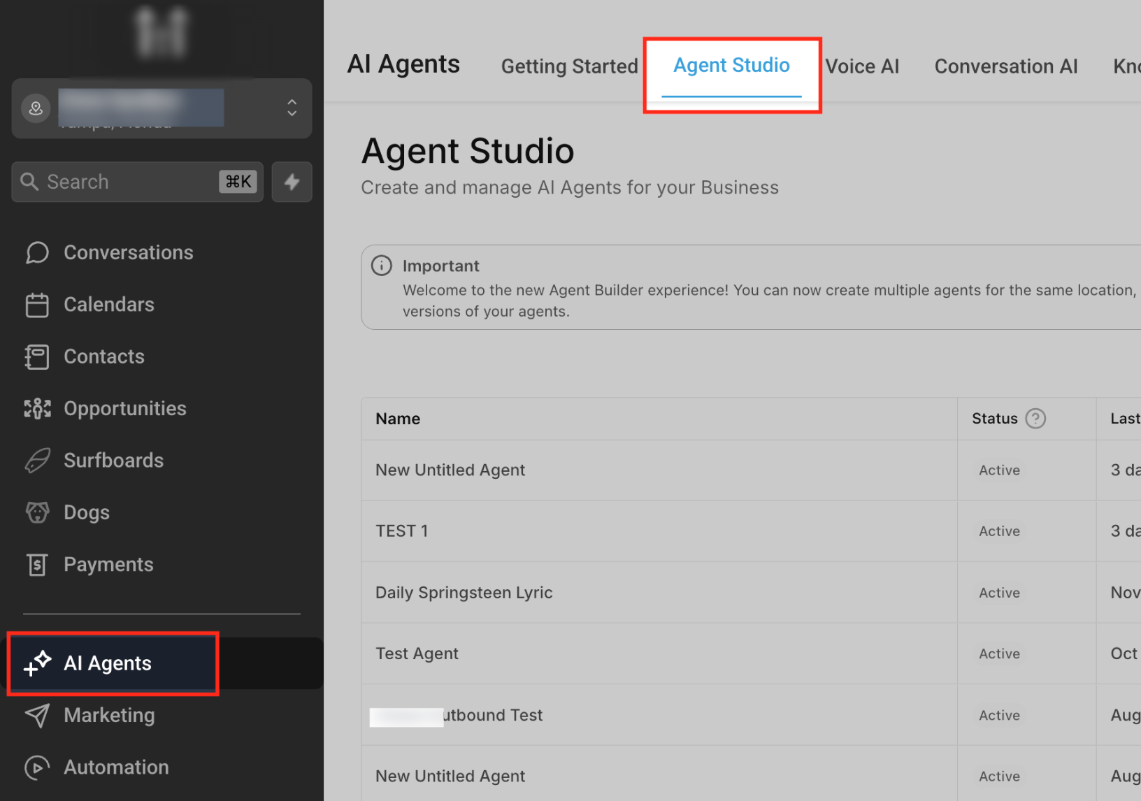 Agent Studio for Multi-Agent Workflows – Step 1: Open Agent Studio