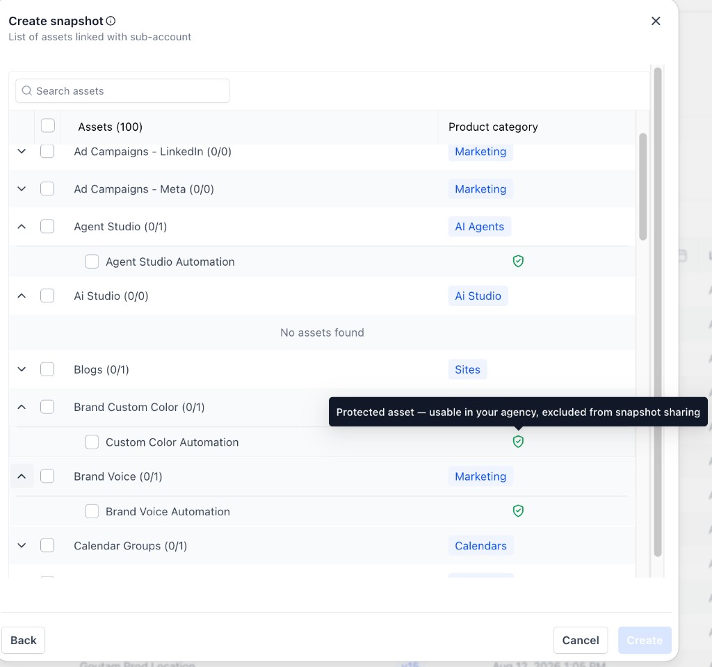 Assets Protected Snapshots (Called “IP Protected” Earlier) – Create Snapshot asset selector showing protected assets available for internal reuse