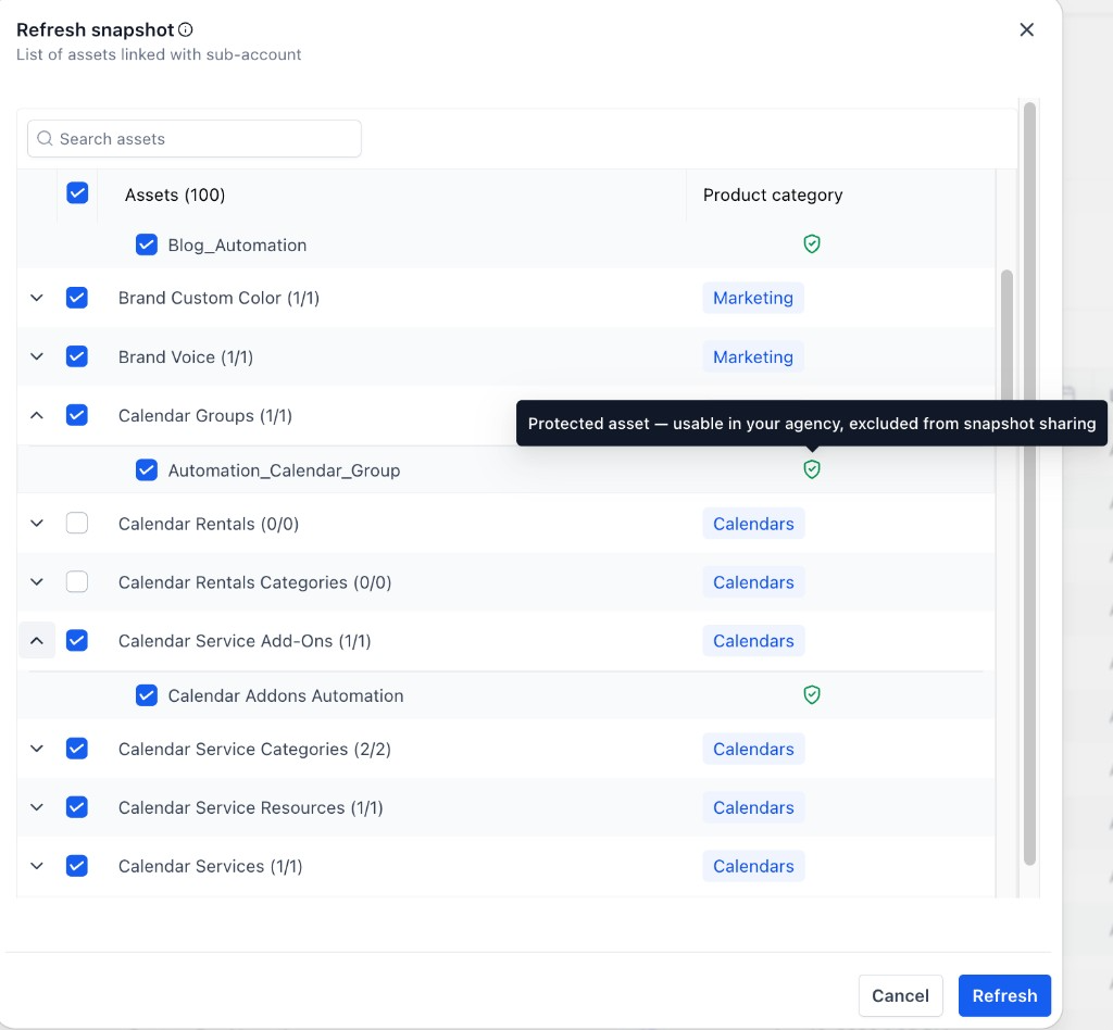 Assets Protected Snapshots (Called “IP Protected” Earlier) – Refresh Snapshot asset selector showing protected assets available for internal reuse