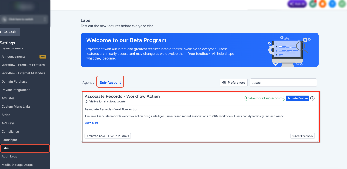 Associate Records Workflow Action – Enable the Feature
