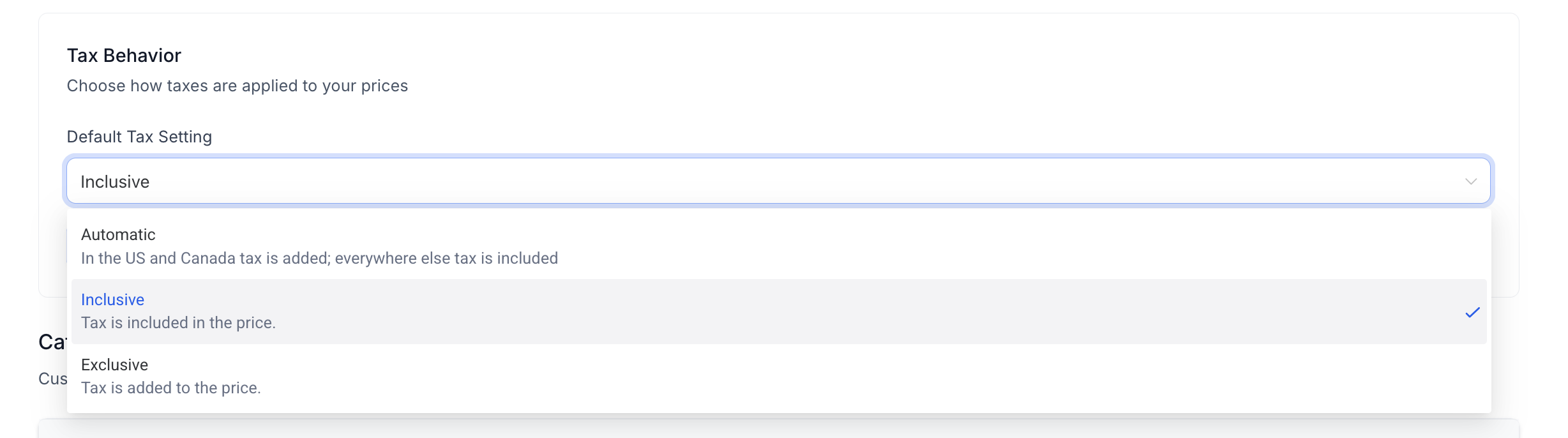 Automatic Tax Calculation with Stripe for SaaS Subscriptions – SaaS automatic tax settings showing available tax behavior options