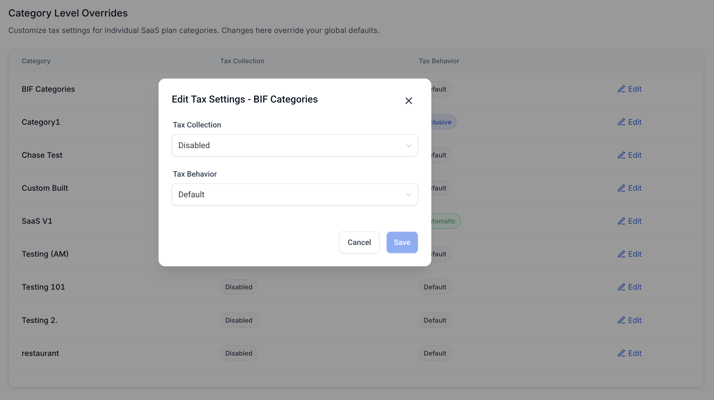 Automatic Tax Calculation with Stripe for SaaS Subscriptions – SaaS automatic tax settings showing category-level tax overrides