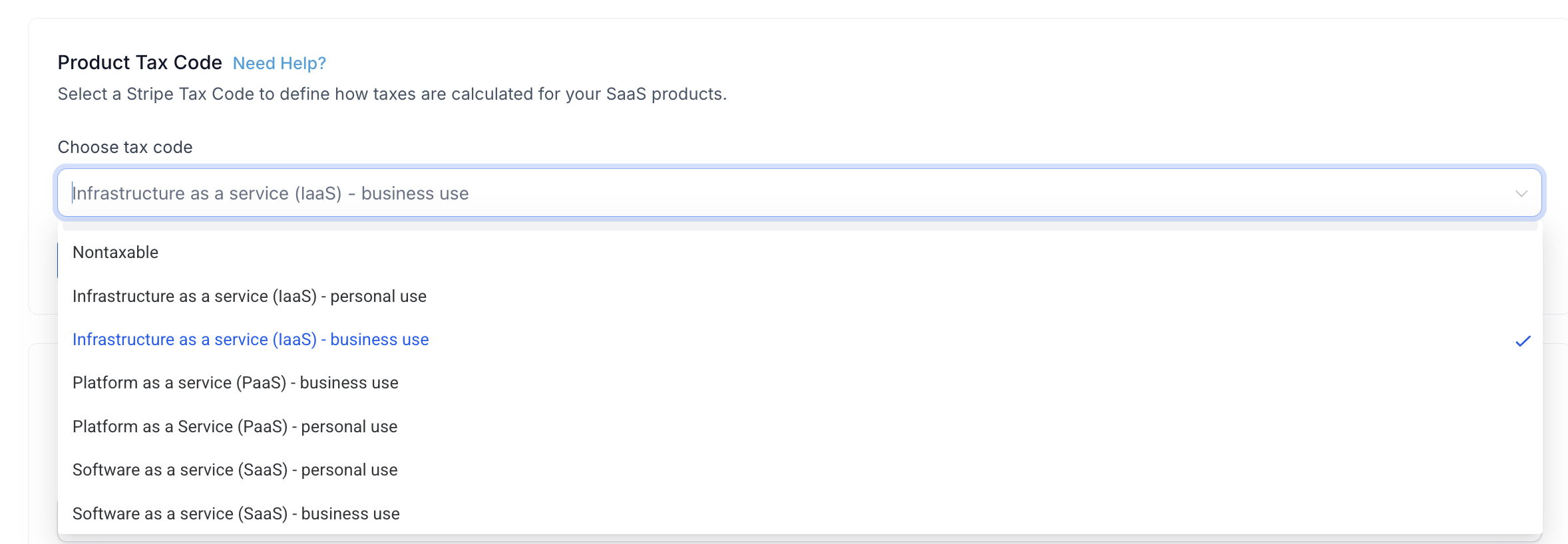 Automatic Tax Calculation with Stripe for SaaS Subscriptions – SaaS automatic tax settings showing the Product Tax Code selection