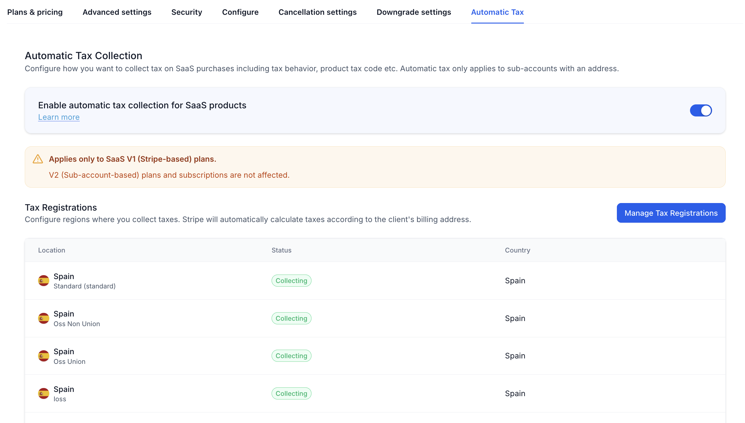 Automatic Tax Calculation with Stripe for SaaS Subscriptions – Stripe Tax configuration showing tax registration and collection settings