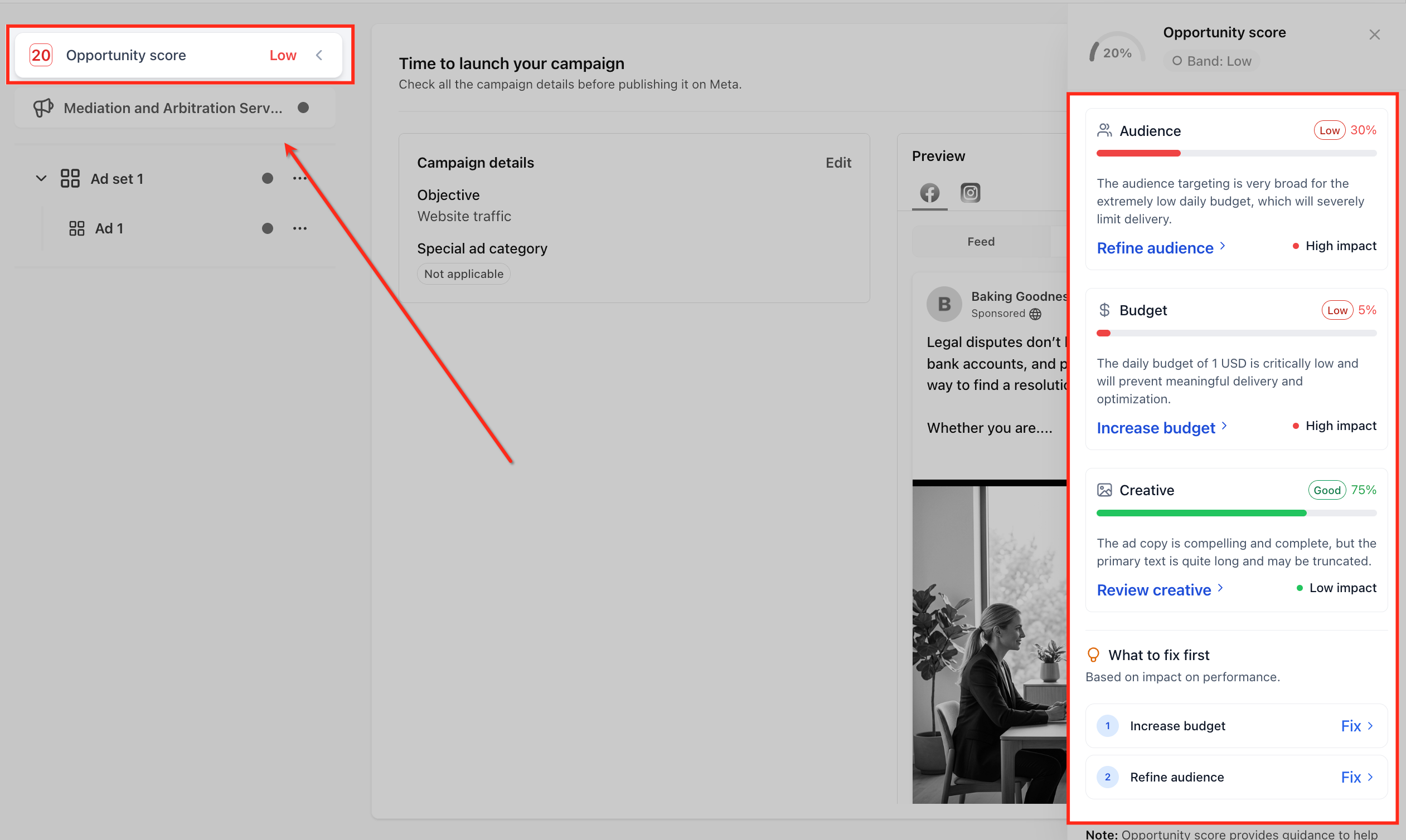 Campaign Opportunity Score in Ad Manager – Open the Opportunity Score panel