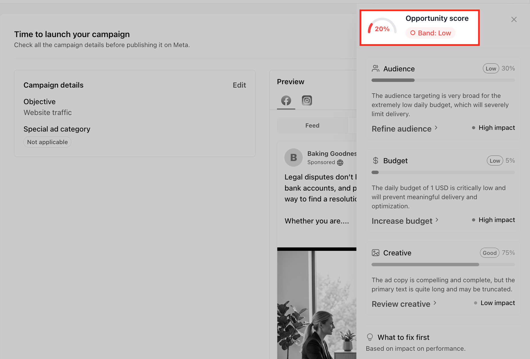 Campaign Opportunity Score in Ad Manager – Review the overall score and band label
