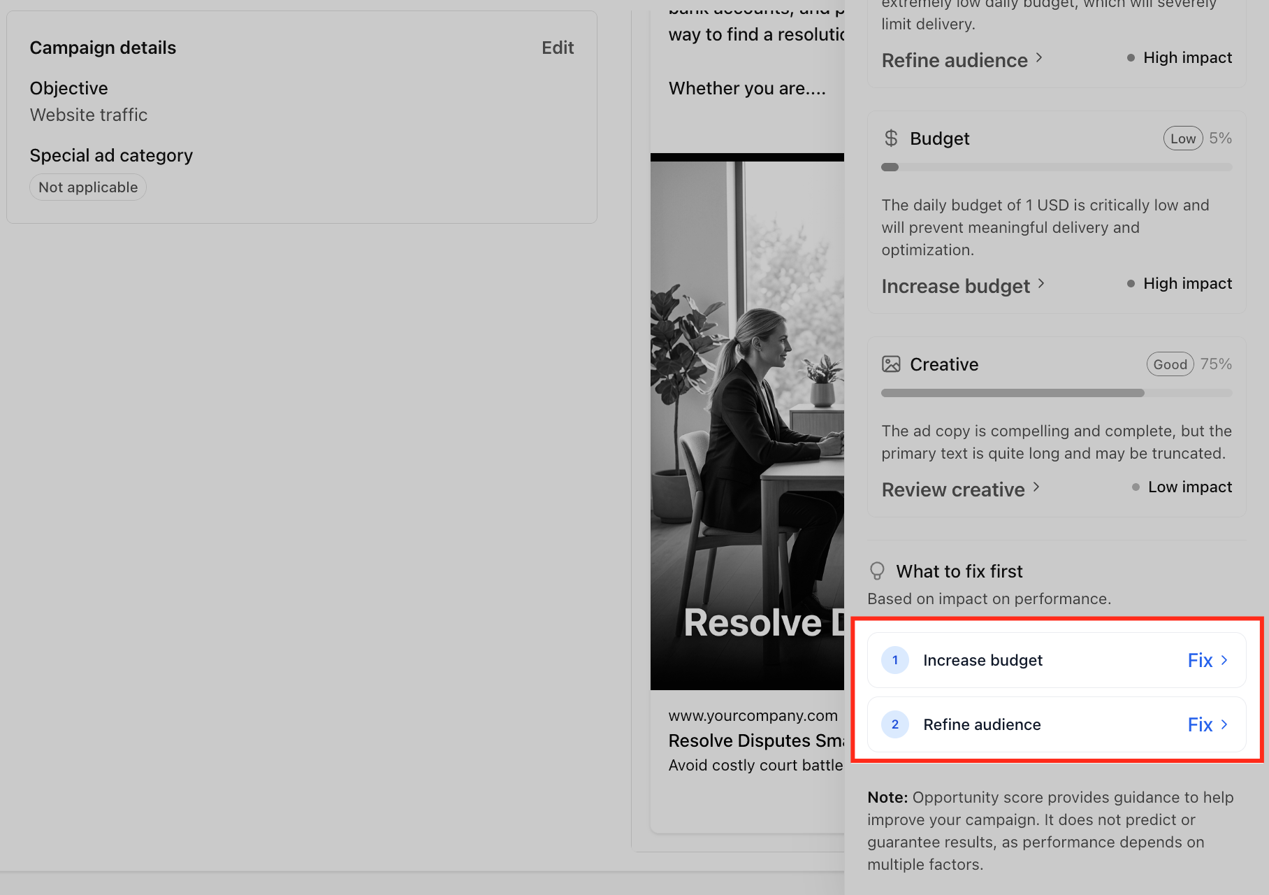 Campaign Opportunity Score in Ad Manager – Review the What to fix first list