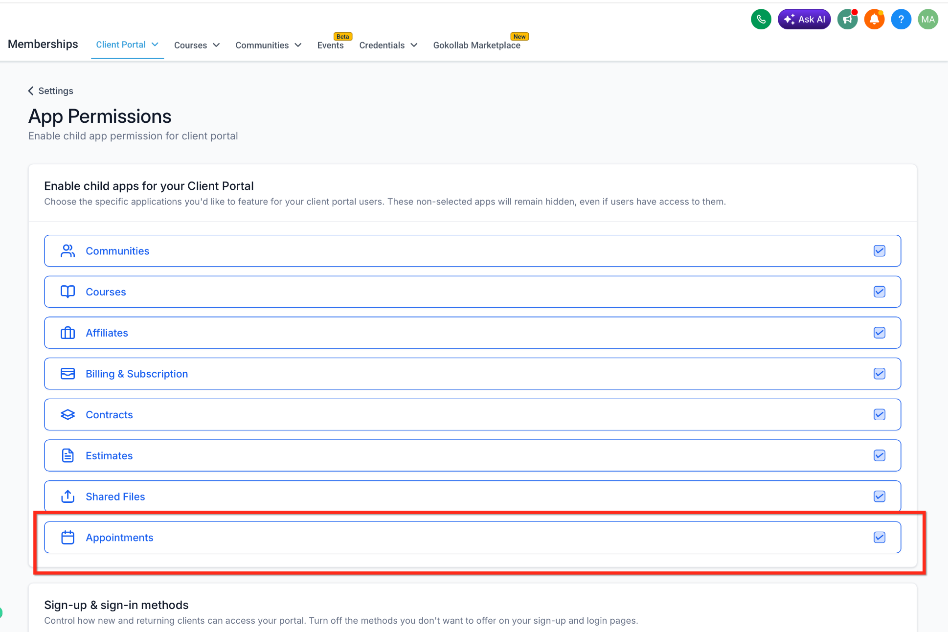 Client Portal Appointments: Book and Manage Meetings – Step 2: Enable Appointments in Client Portal App Permissions