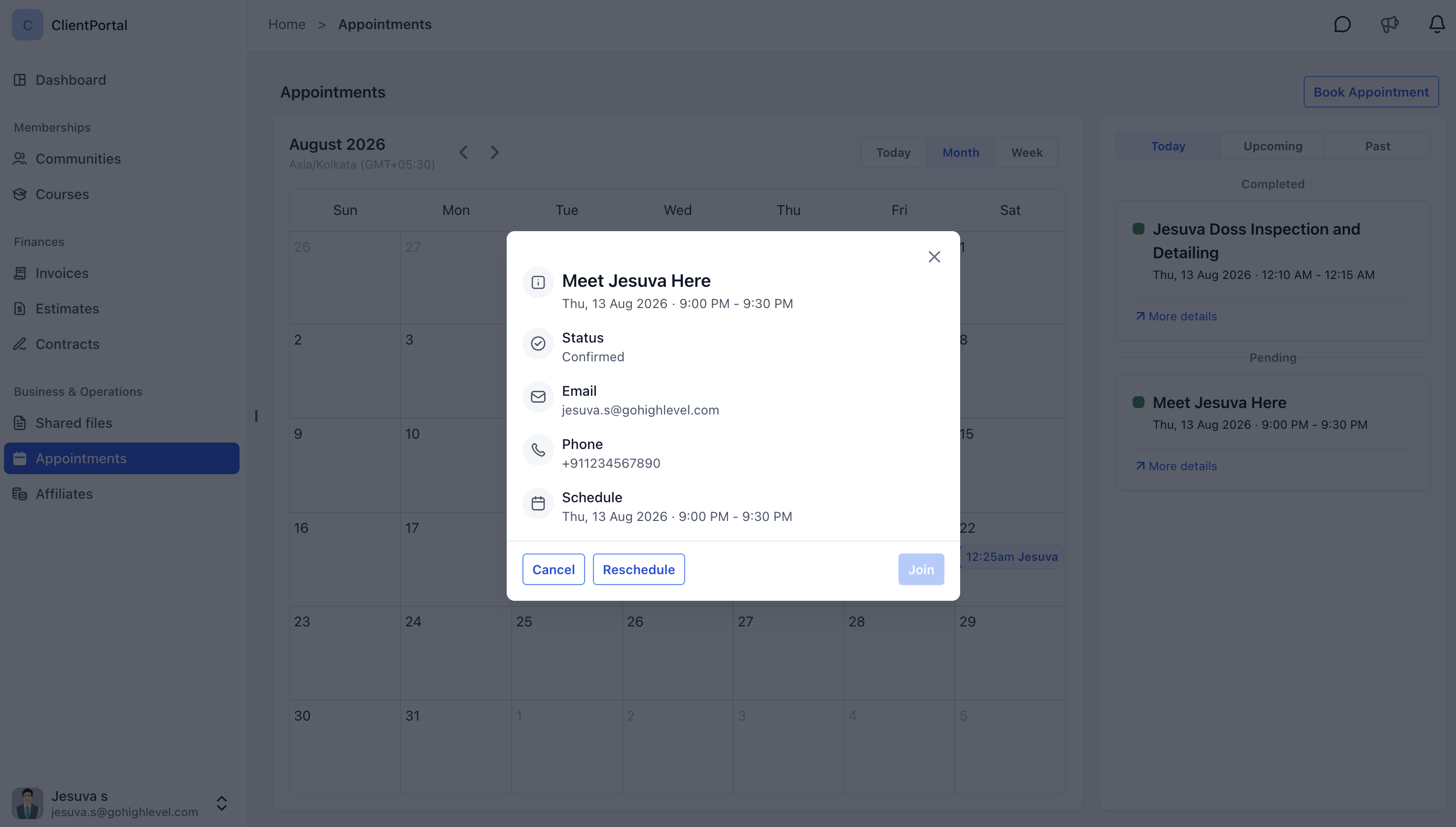 Client Portal Appointments: Book and Manage Meetings – View Appointment Details and Available Actions