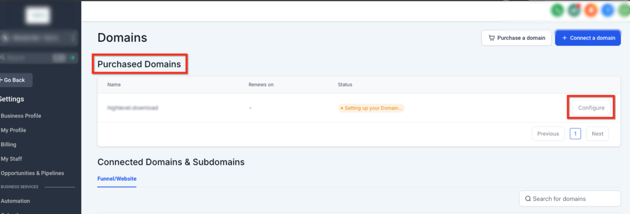 Configure & Connect Purchased Domains – Locate the Purchased Domain