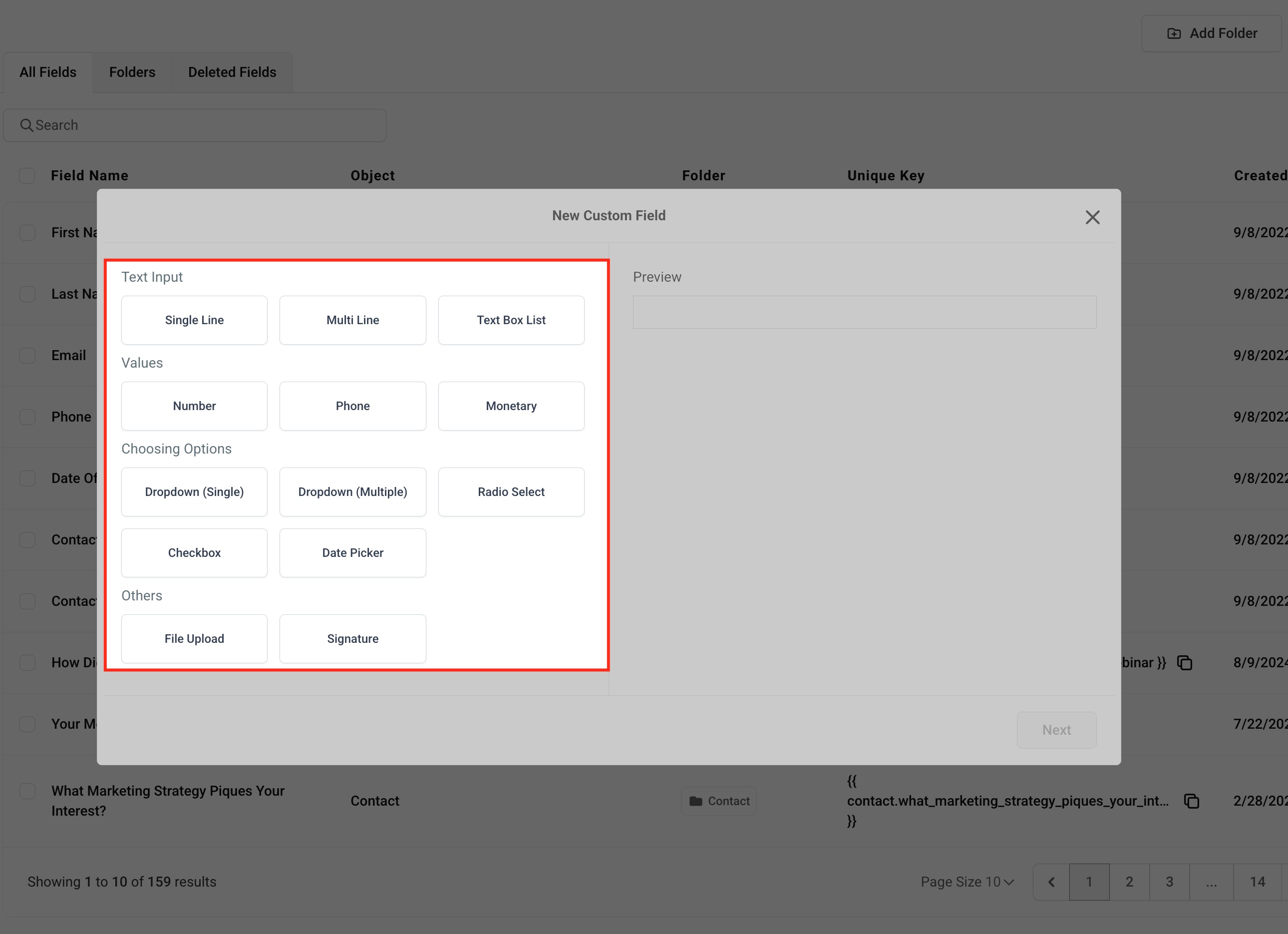 Create New Contact – Create New Custom Fields