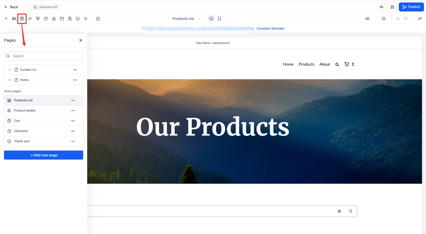 Create Pages in the Page Builder – Add Pages from Pages Drawer
